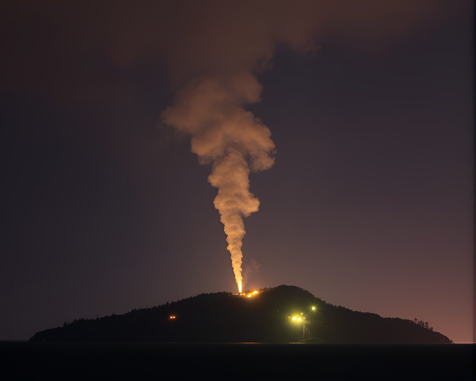 Enchanting island enveloped in swirling smoke plumes under rim lighting