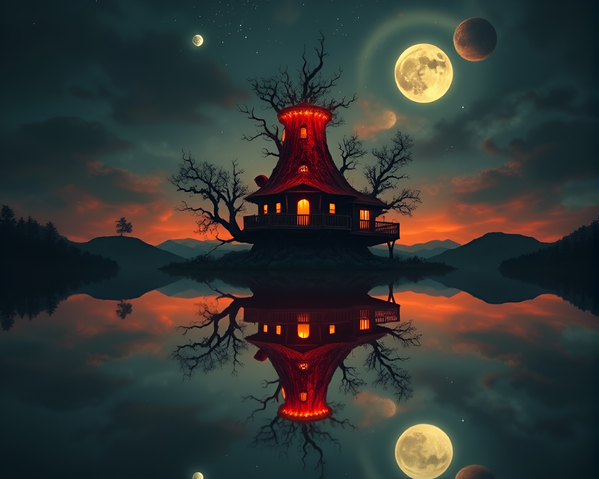 Treehouse Reflection in Volcano Glow – free AI stock image