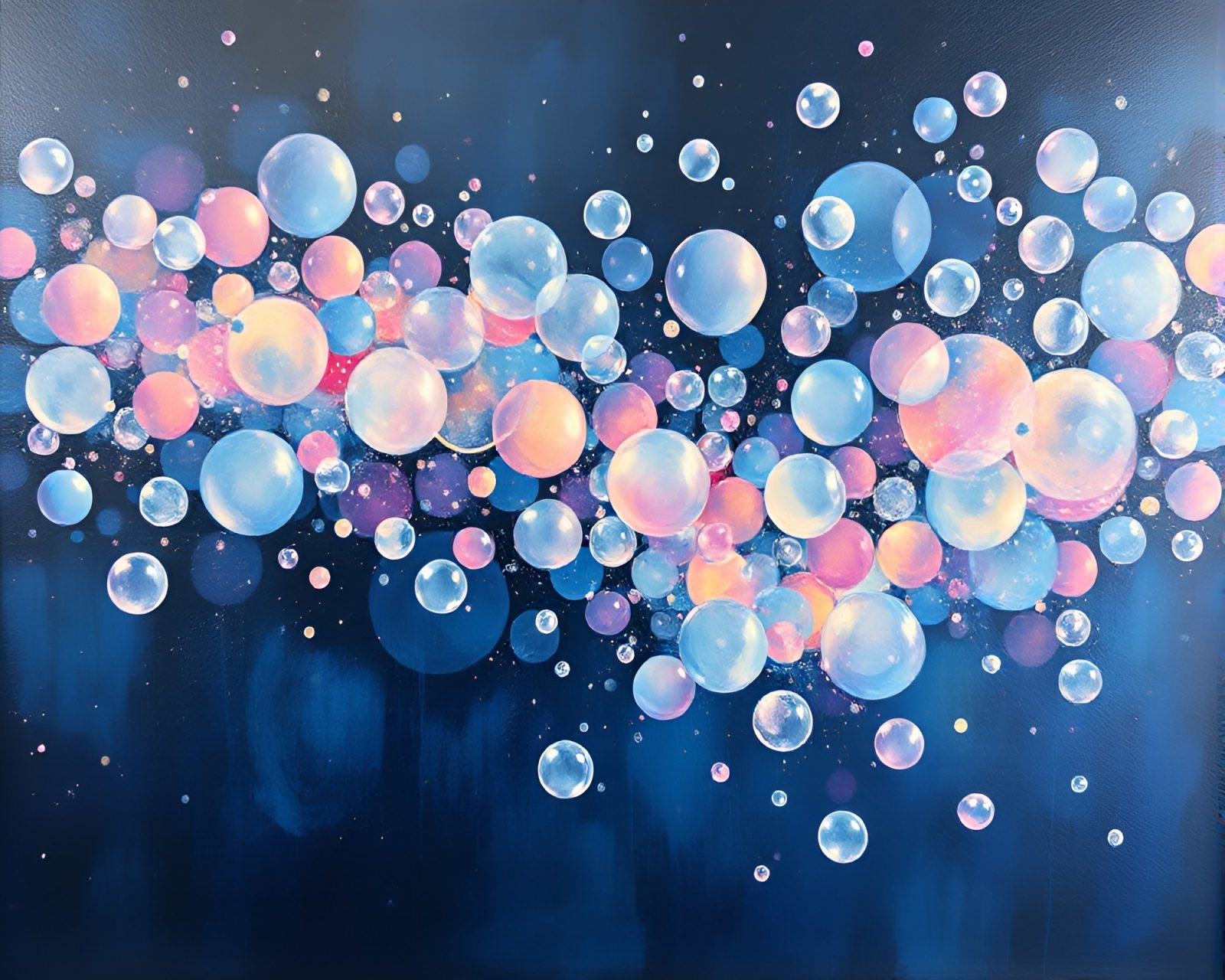 Vibrant painting of bubbles surrounding a grand piano with metallic lighting