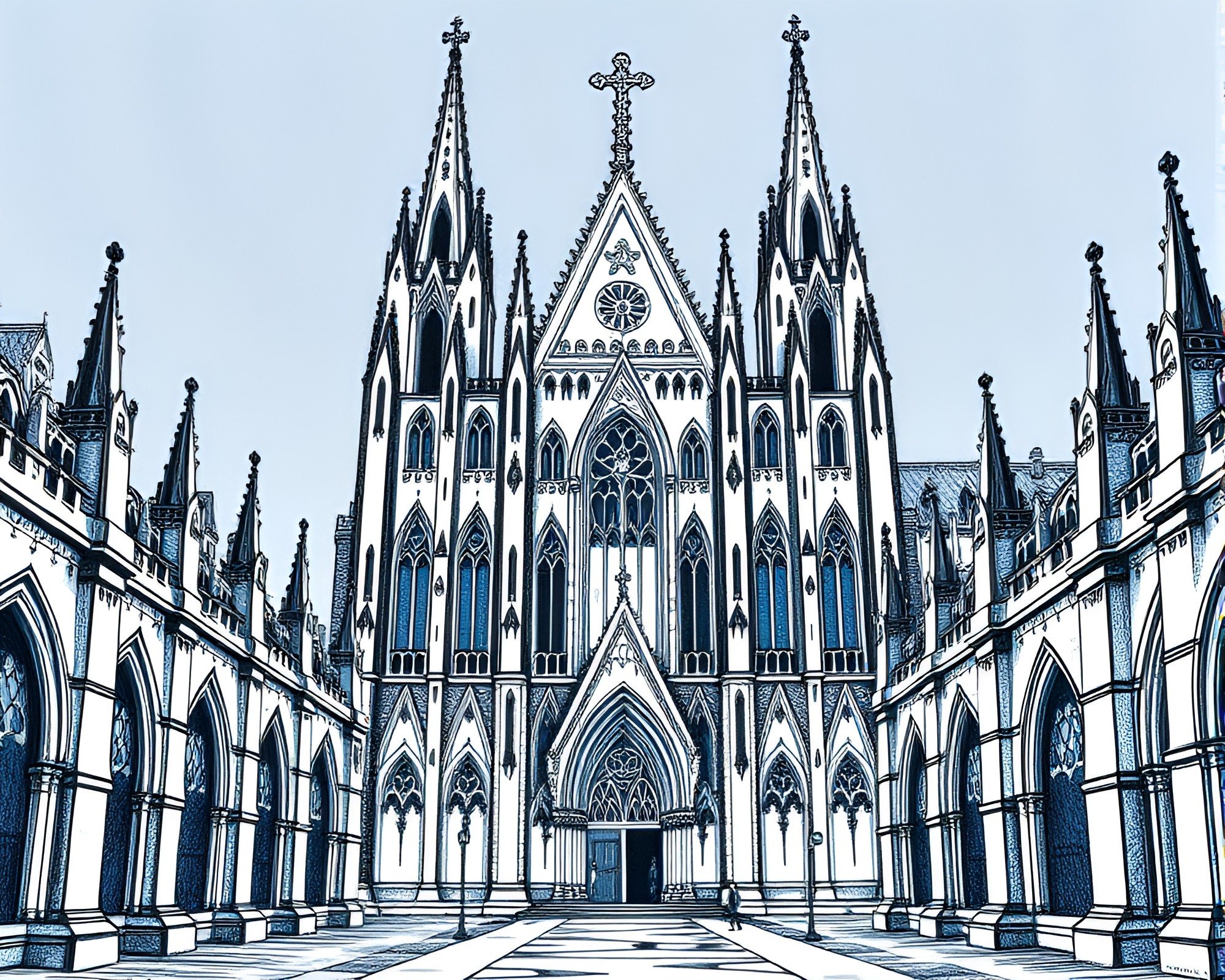 Gothic Cathedral Window in Monochrome Blue Illustration – free AI stock image