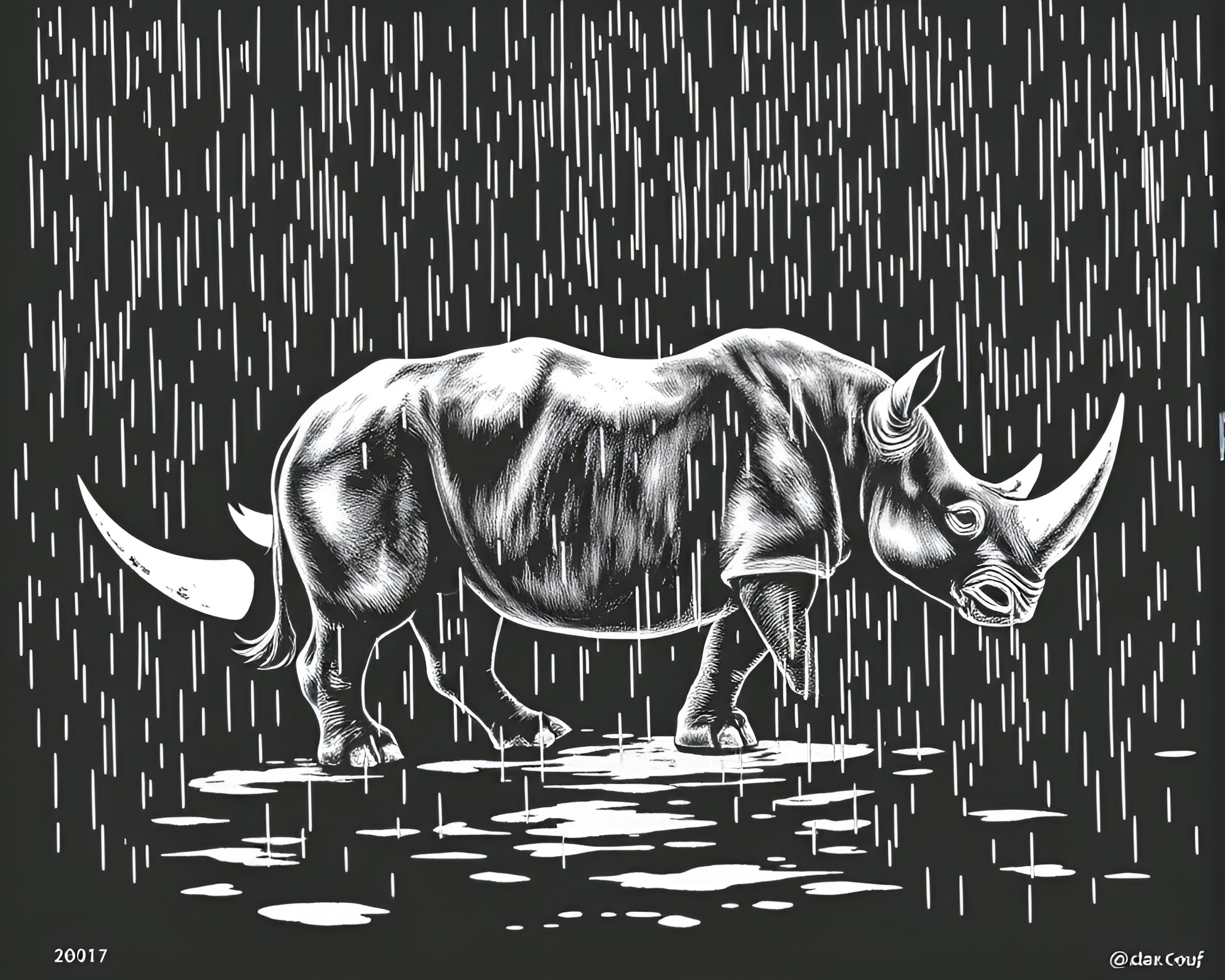 Rhinoceros in Antarctic Whiteout Amidst Rain Droplets – free AI stock image