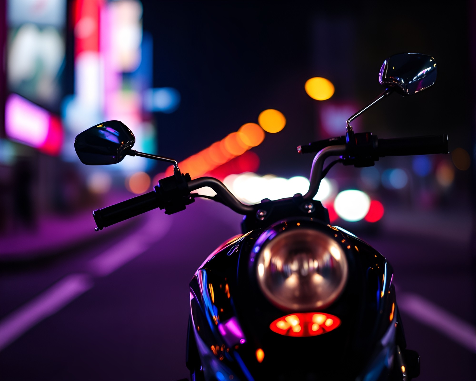 Neon Motorcycle Ride through Bokeh Lights – free AI stock image