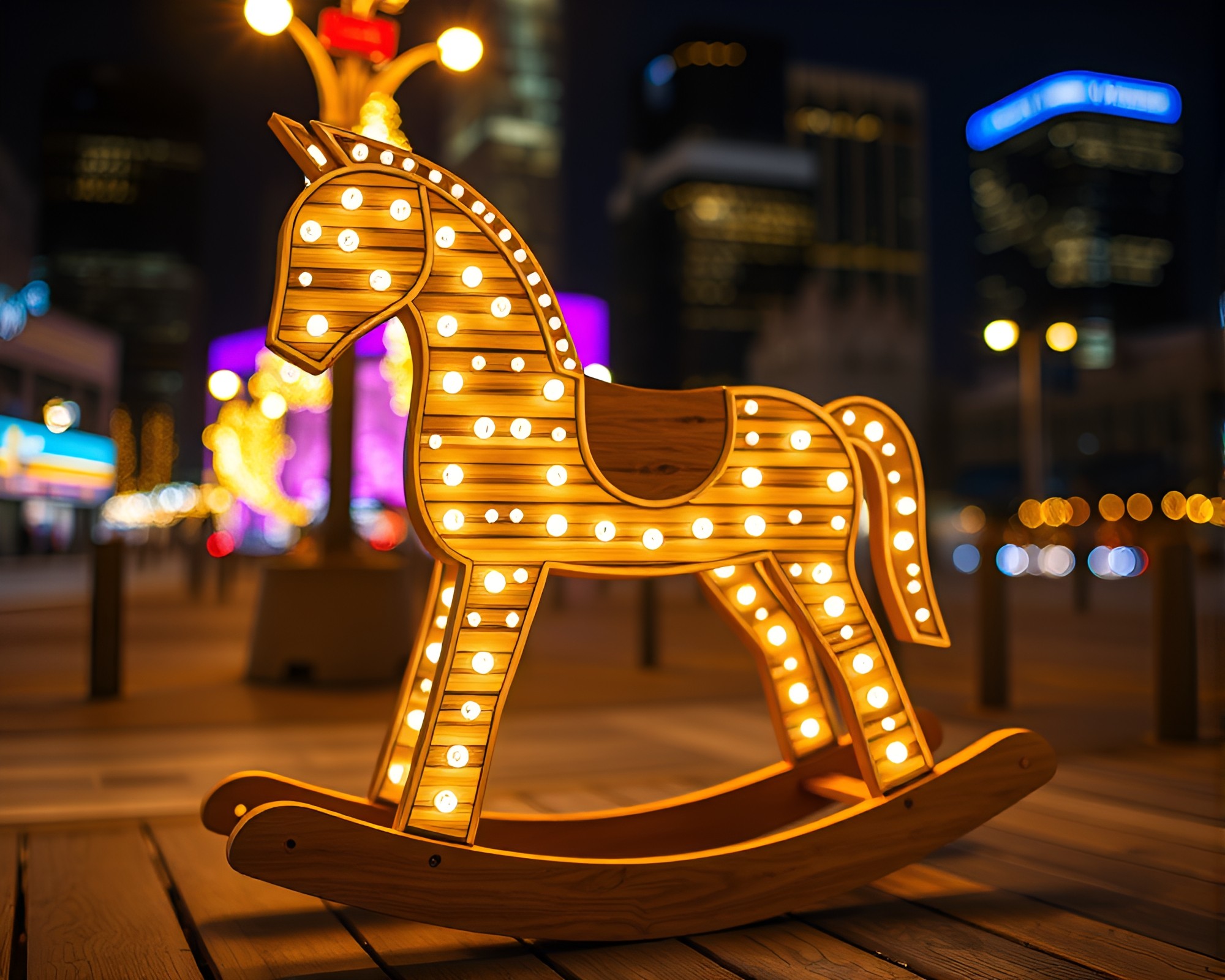 City Night Magic: LED Pixel Rocking Horse – free AI stock image