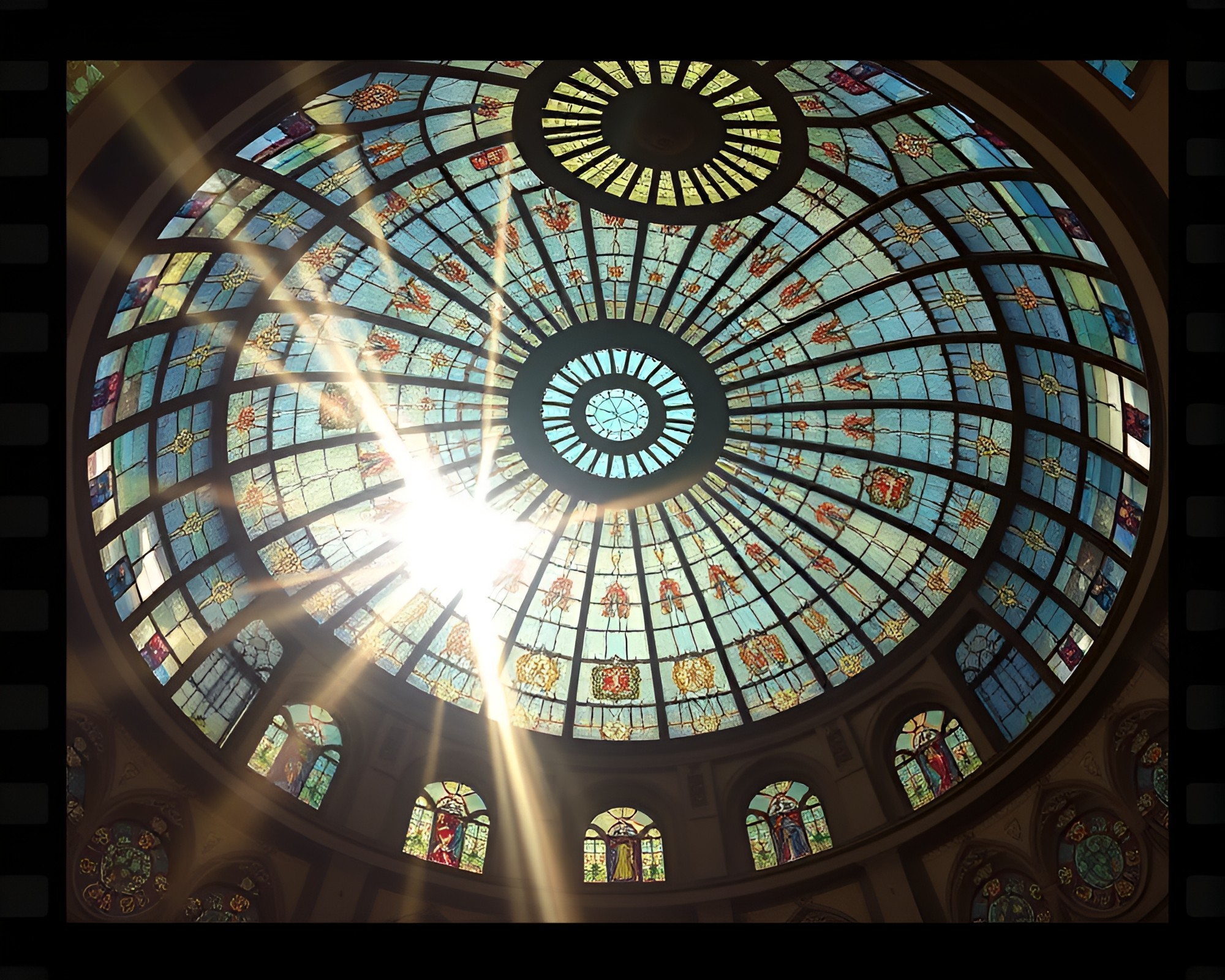 Enchanting Stained Glass Dome with Sunbeam Rays – free AI stock image