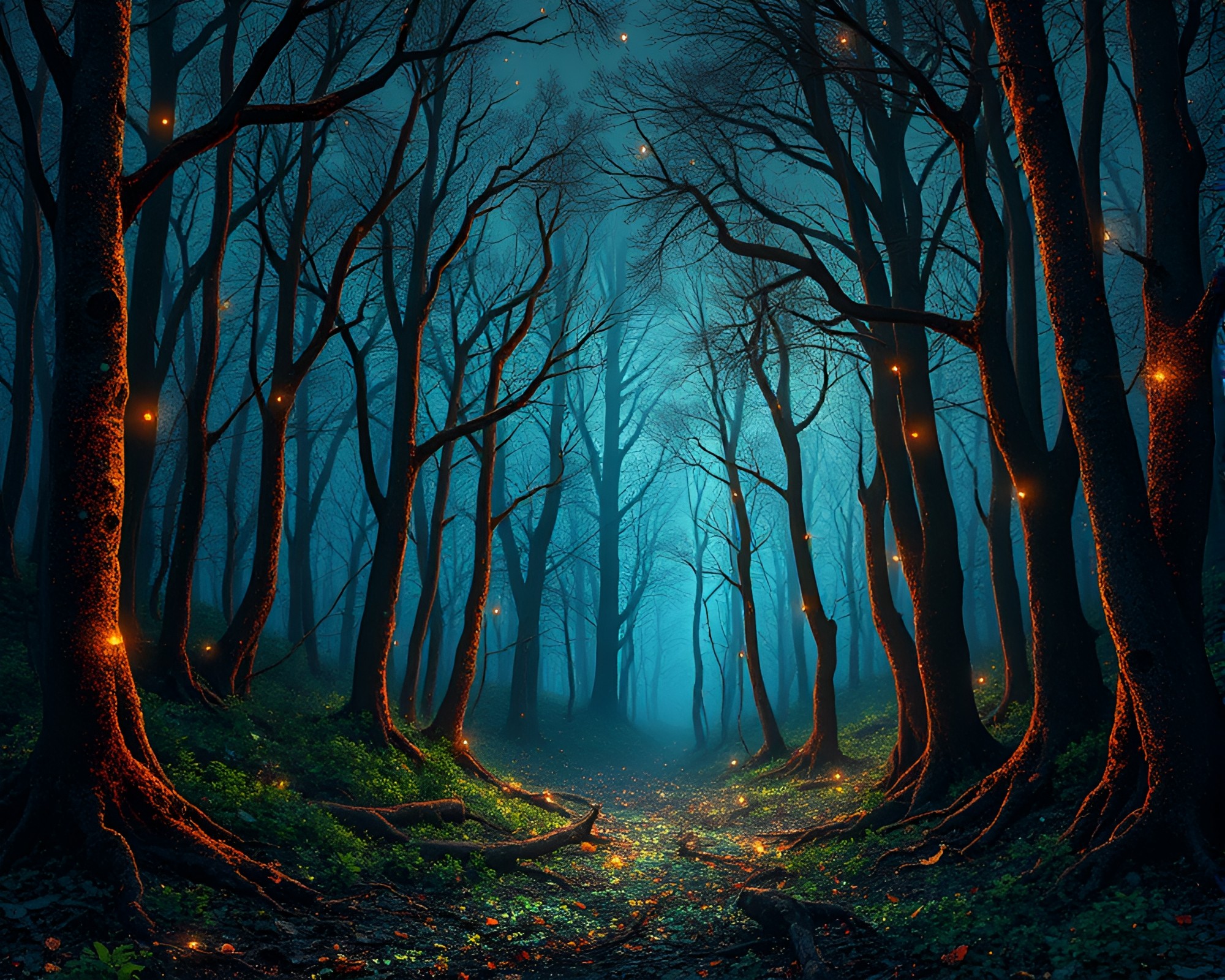 Bioluminescent Anime Forest with Metallic Flakes – free AI stock image