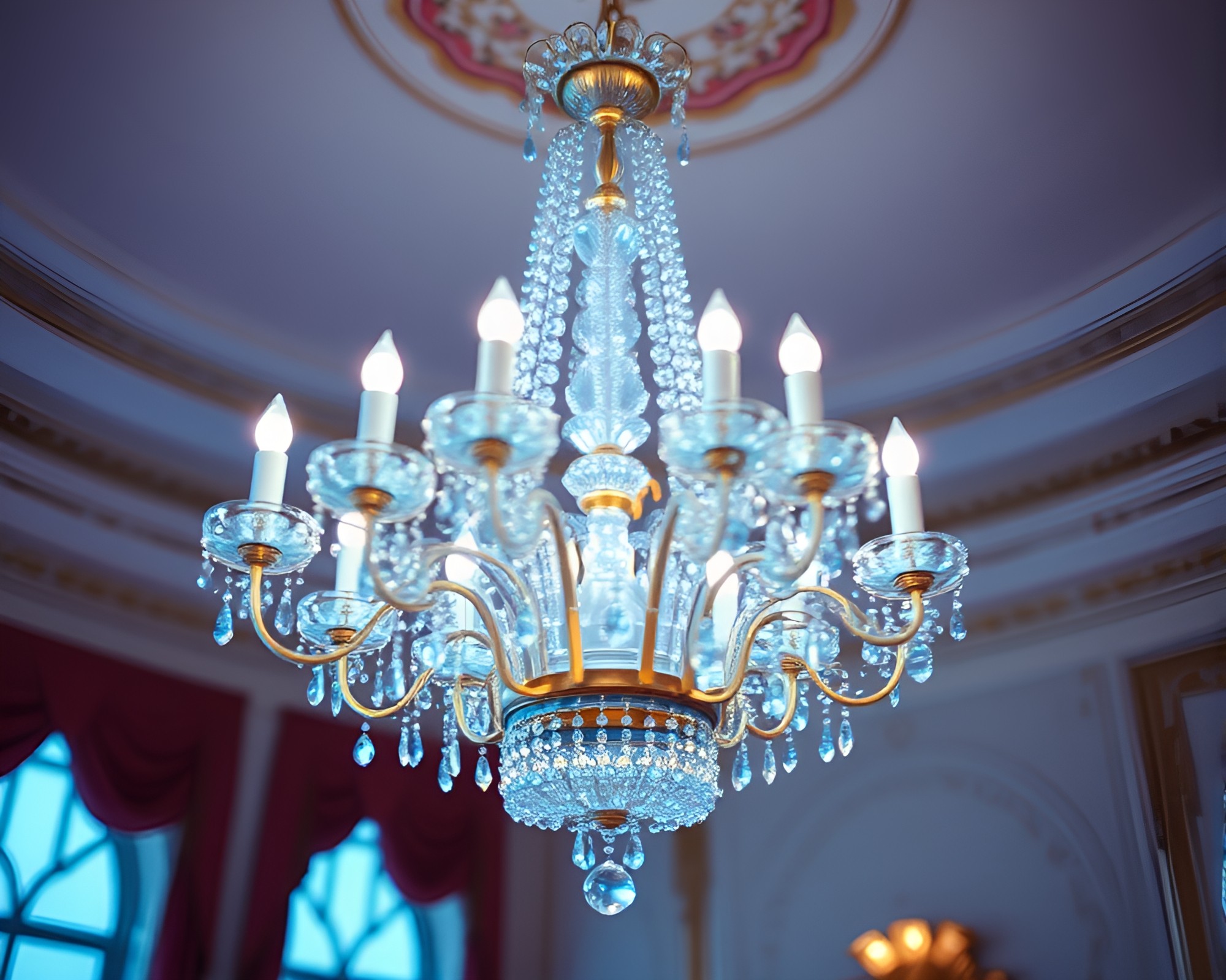Elegant Victorian Chandelier in Arctic Blue Pan Motion Blur – free AI stock image