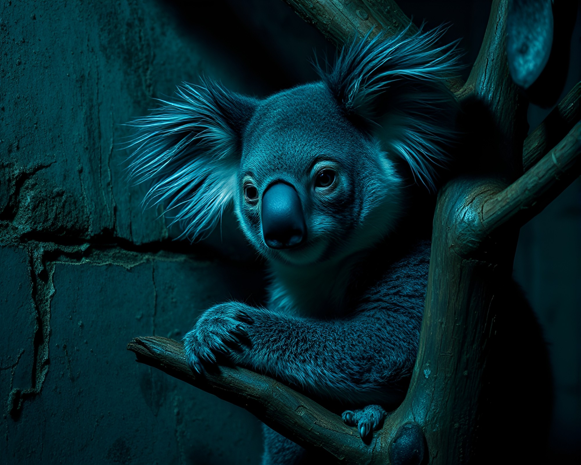 Gloomy Koala in Metallic Scratches: Bio-Organic Basement Design – free AI stock image