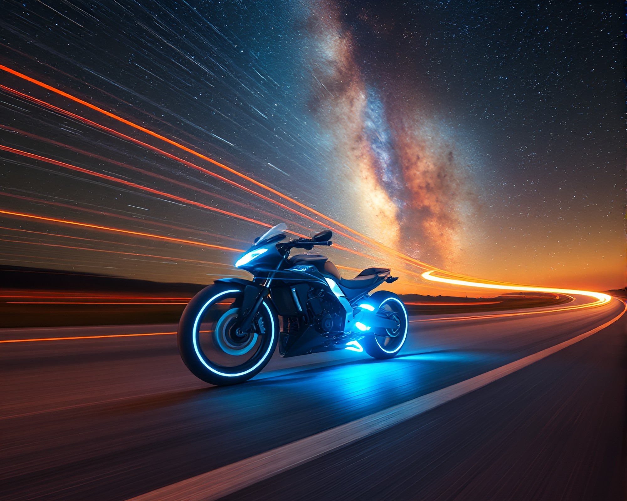 Futuristic Hoverbike Light Trails in Milky Way Swirl – free AI stock image