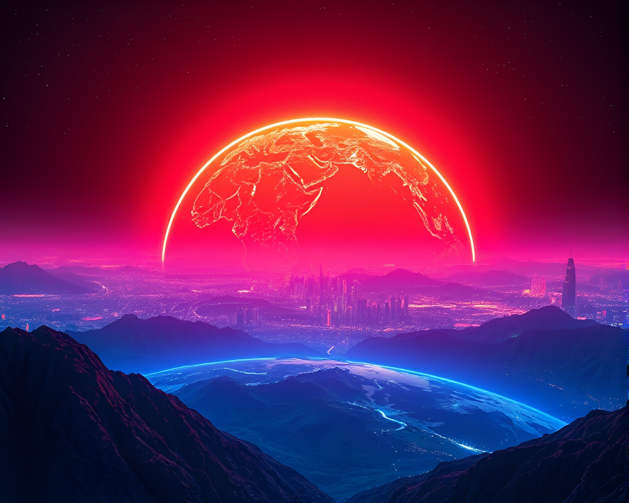 Glitchy Neon Cityscape with Earth Tone Hues – free AI stock image