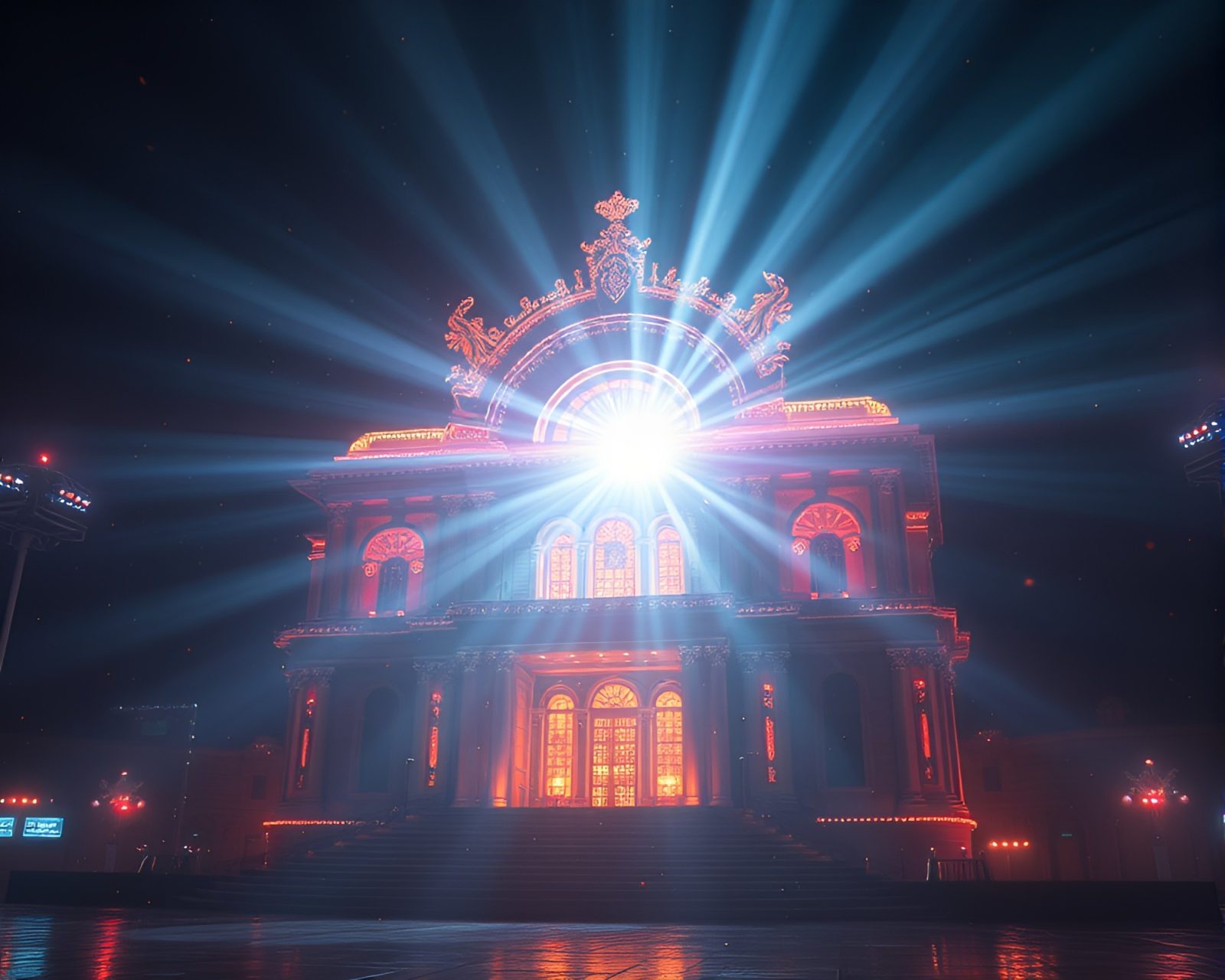 Futuristic cyborg surrounded by glowing particles on stage