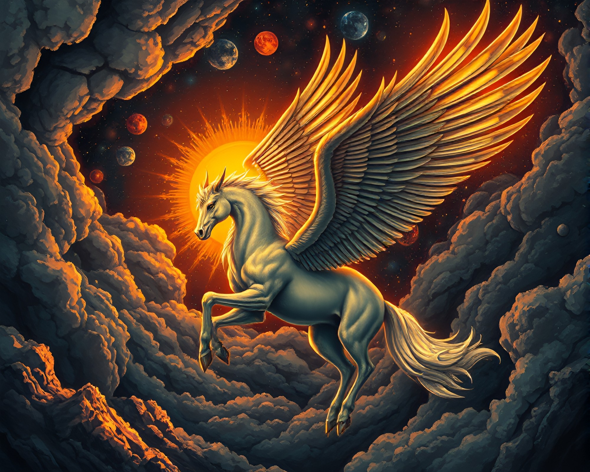 Majestic Pegasus under Basement Sun Glare – free AI stock image