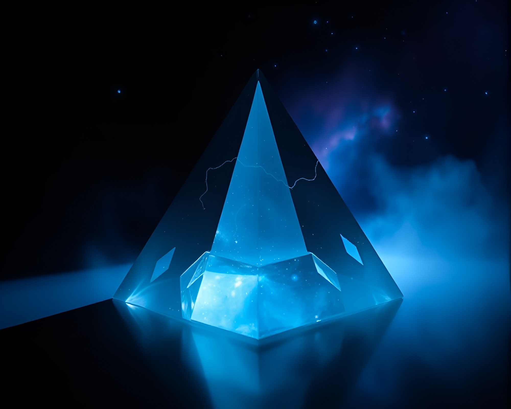 Chiaroscuro Glass Pyramid Silhouette in Cosmic Hues – free AI stock image