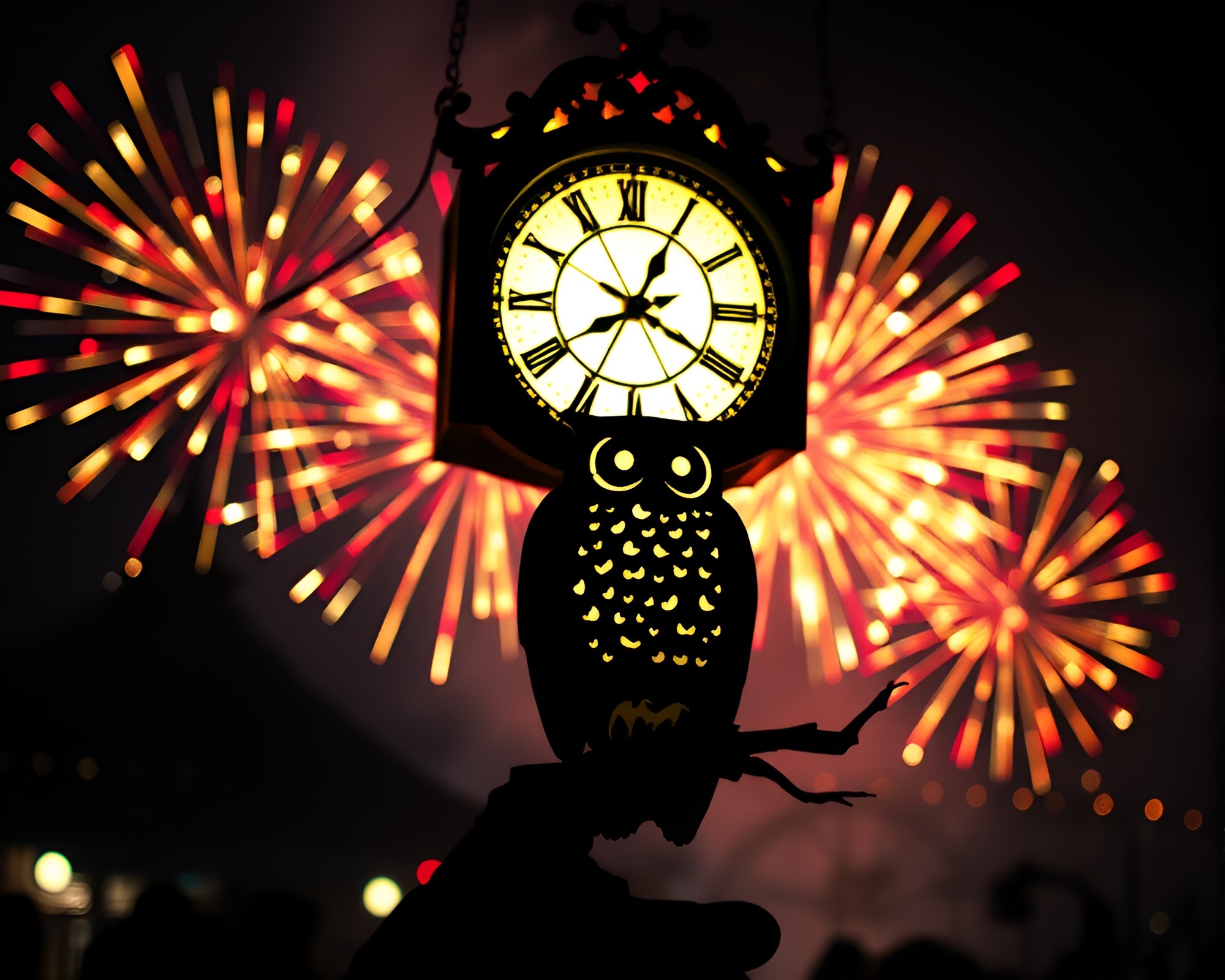 Clockwork Owl Silhouetted by Festival Fireworks – free AI stock image