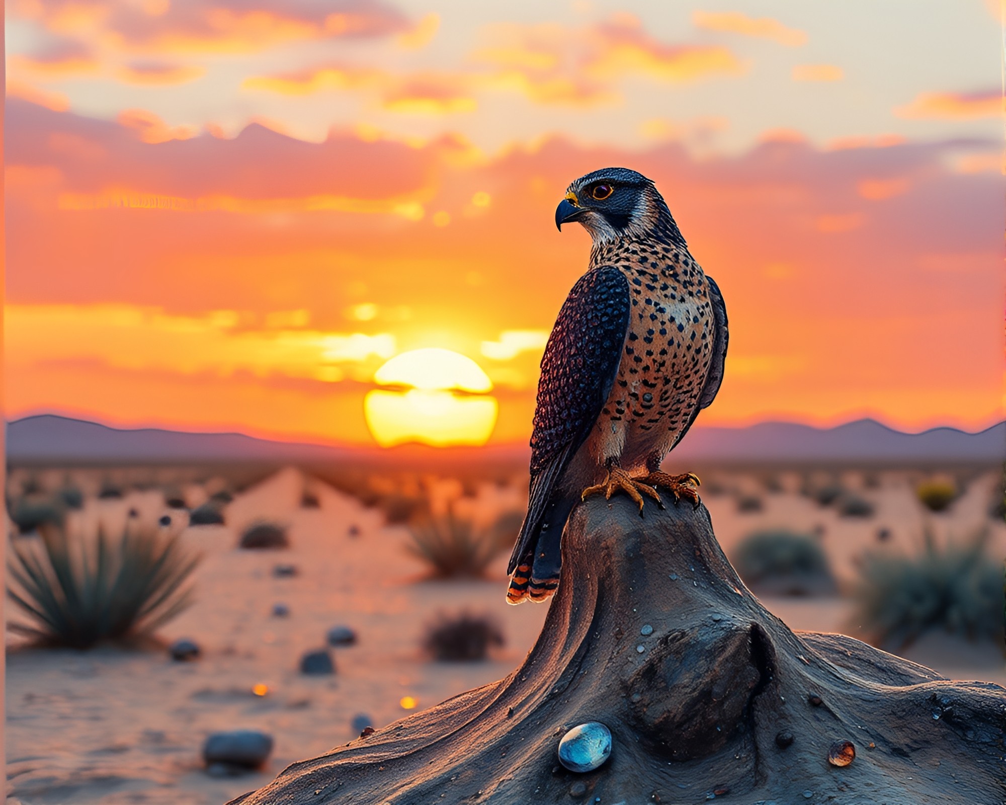 Falcon at Sunset through Wet Glass Beads – free AI stock image