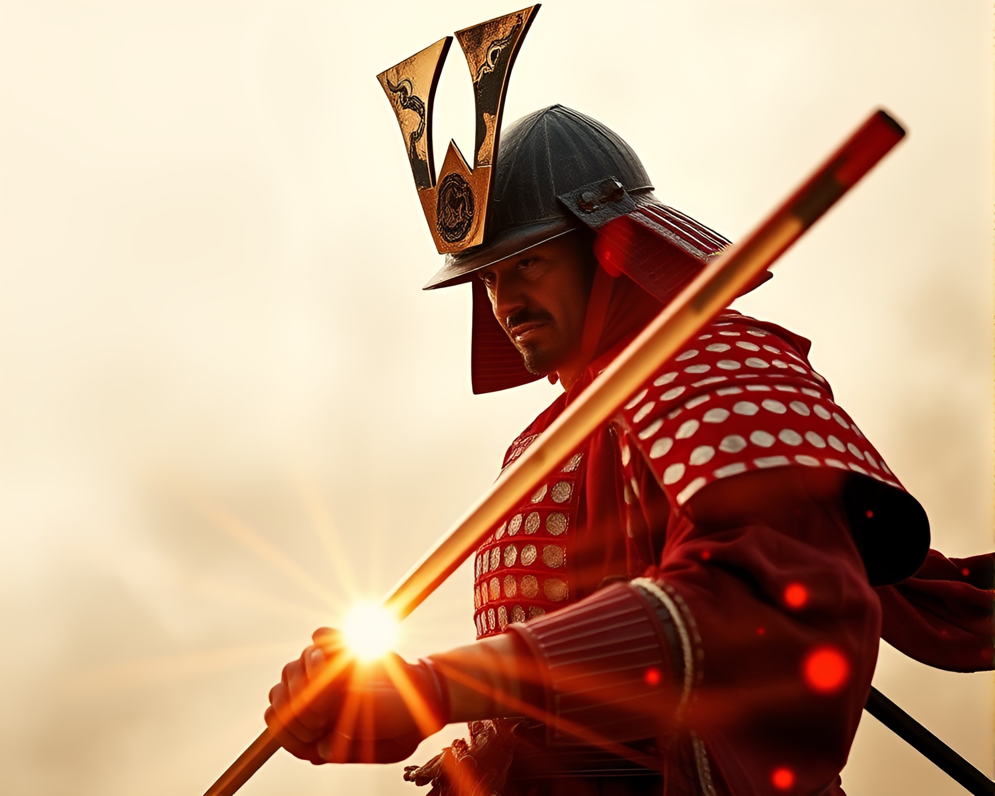 Ethereal Samurai Warrior Collage with Lens Flare Bursts – free AI stock image