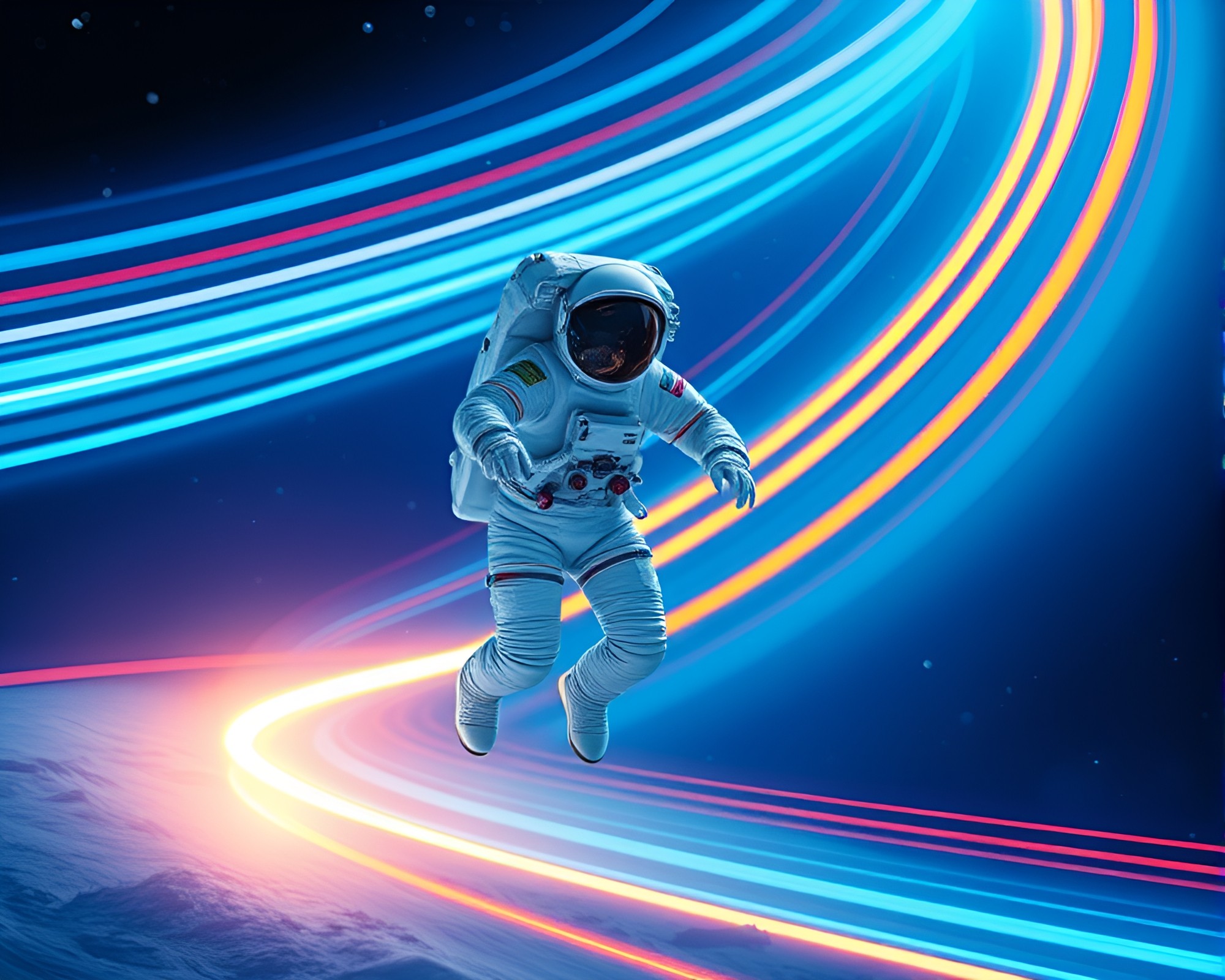 Astronaut surrounded by steel-blue light trails – free AI stock image