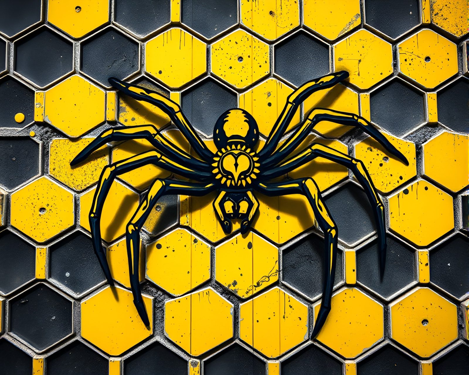 Hexagonal tiling background with mechanical spider in yellow tones