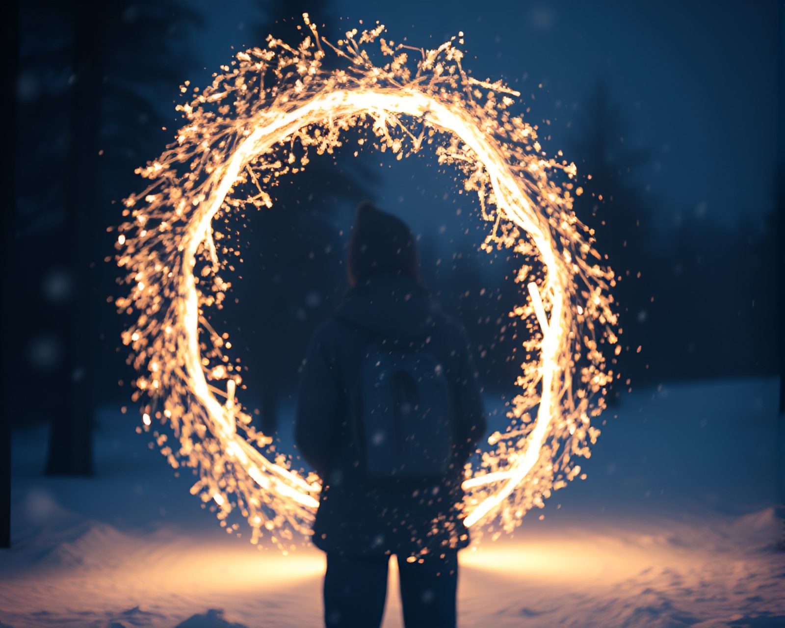 Glowing magic circle in snow-lit forest with double exposure