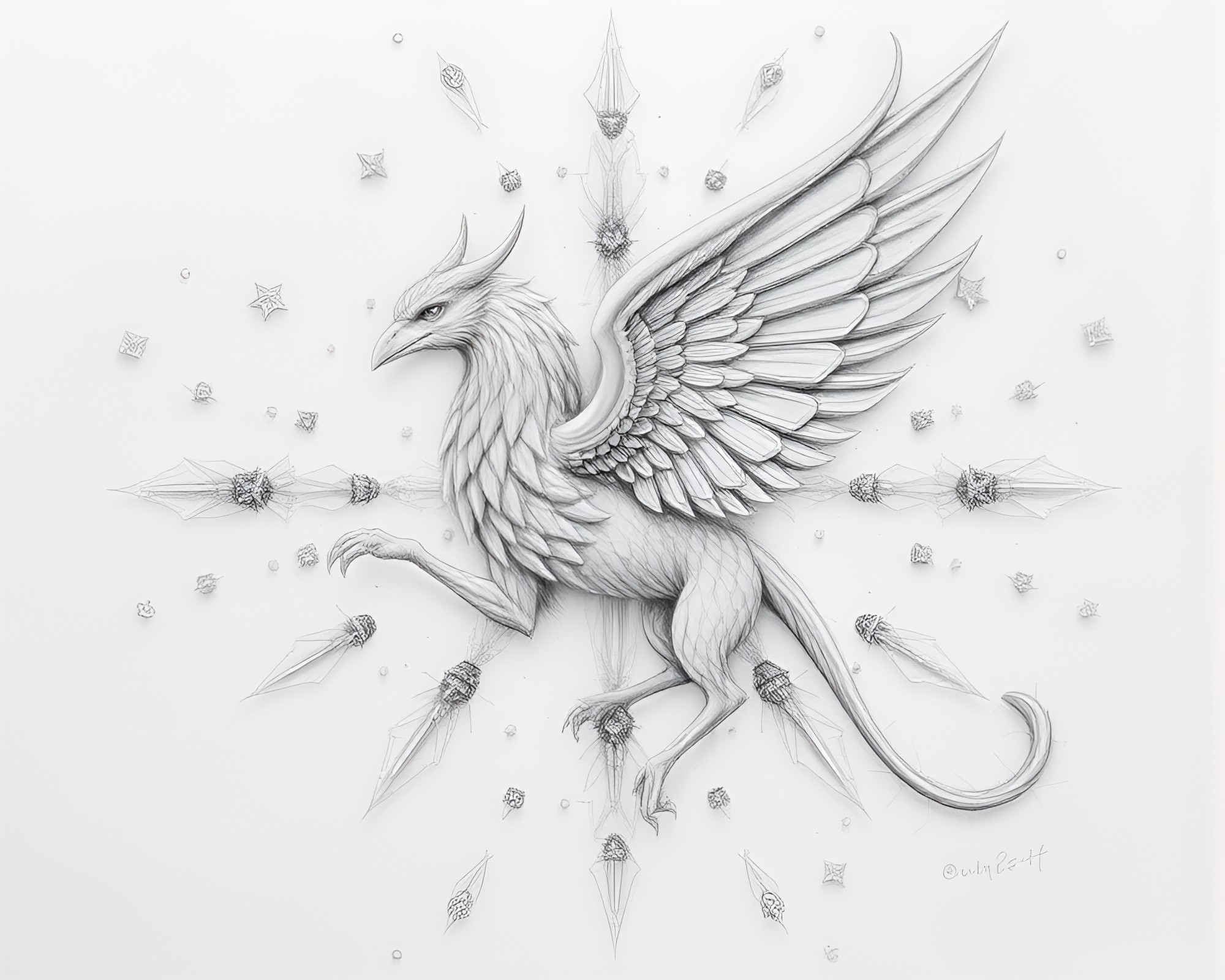 Ivory Gryphon in Kaleidoscope Pencil Sketch – free AI stock image