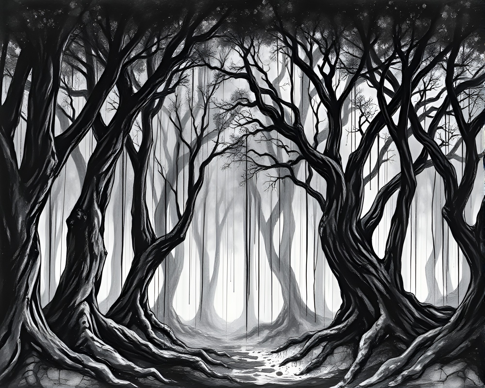 Enchanted Forest in Ink Wash Drips with Glowing Rim Light – free AI stock image