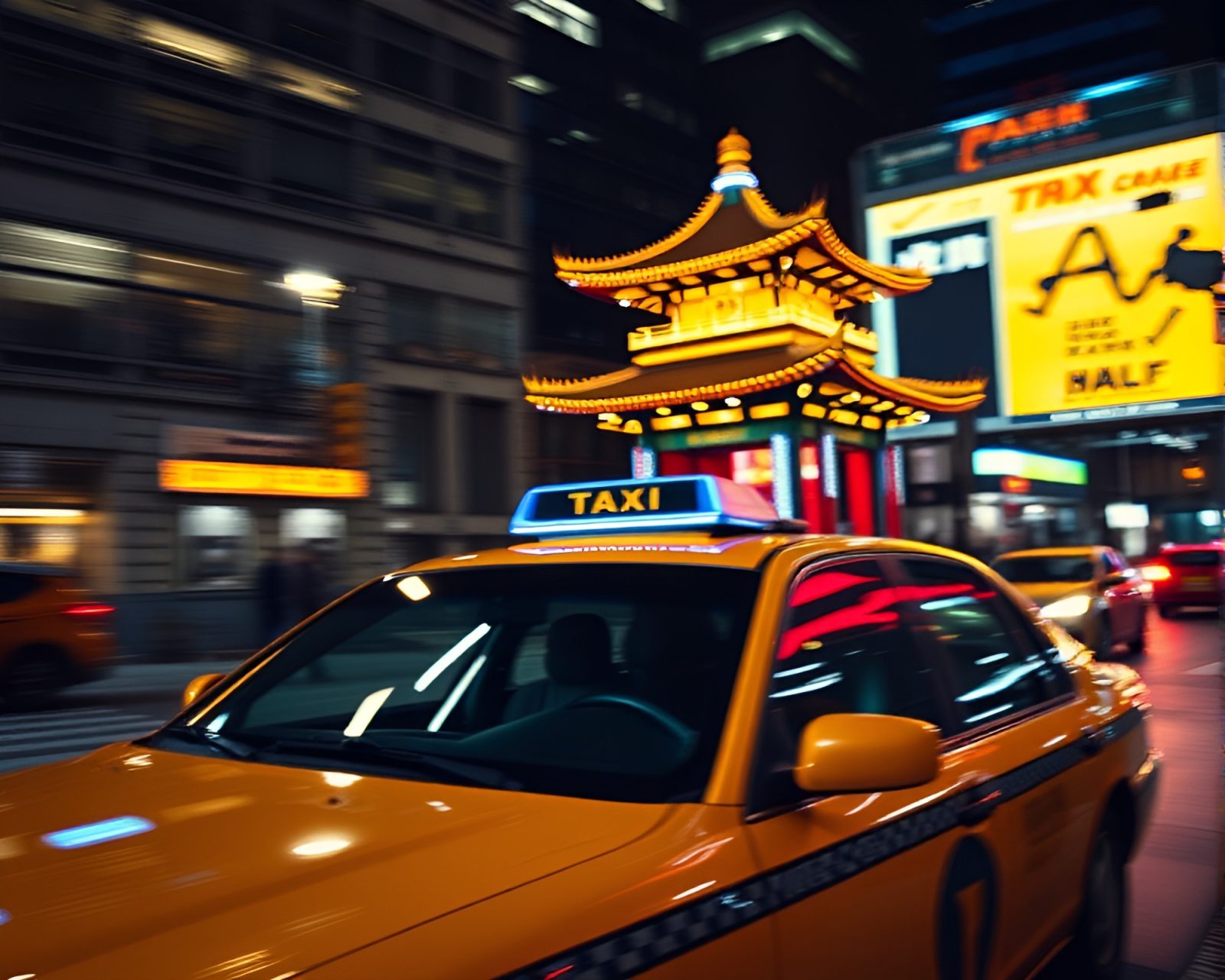 Holographic pagoda amidst taxi blur in urban cinemagraph