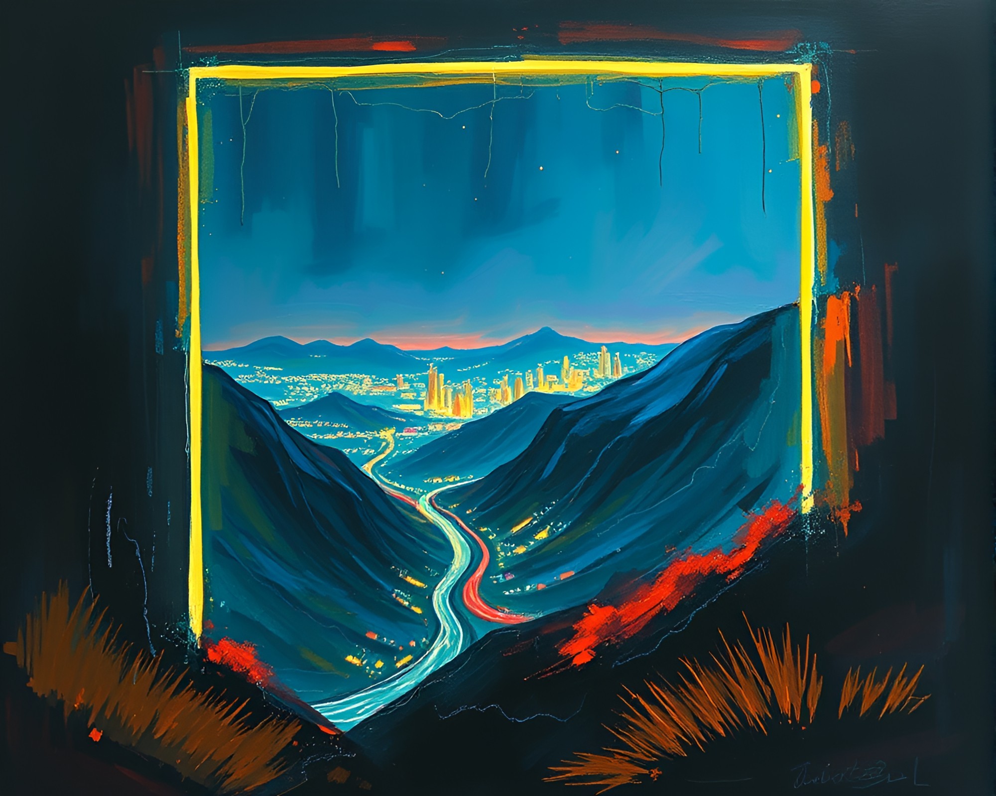 Neon Valley: Expressionist Cityscape in Framed Perspective – free AI stock image