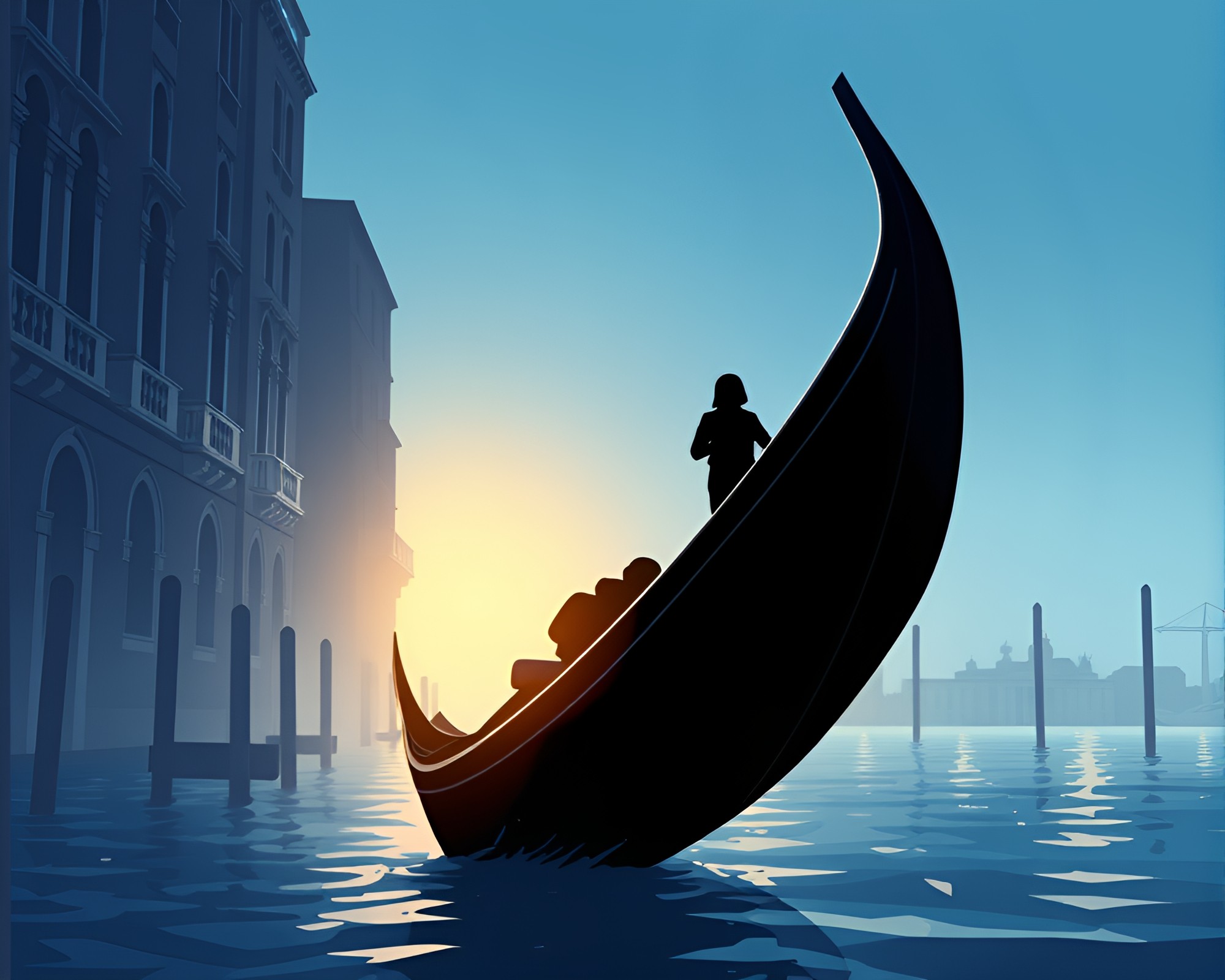 Dynamic Venetian Gondola Silhouette Illustration – free AI stock image