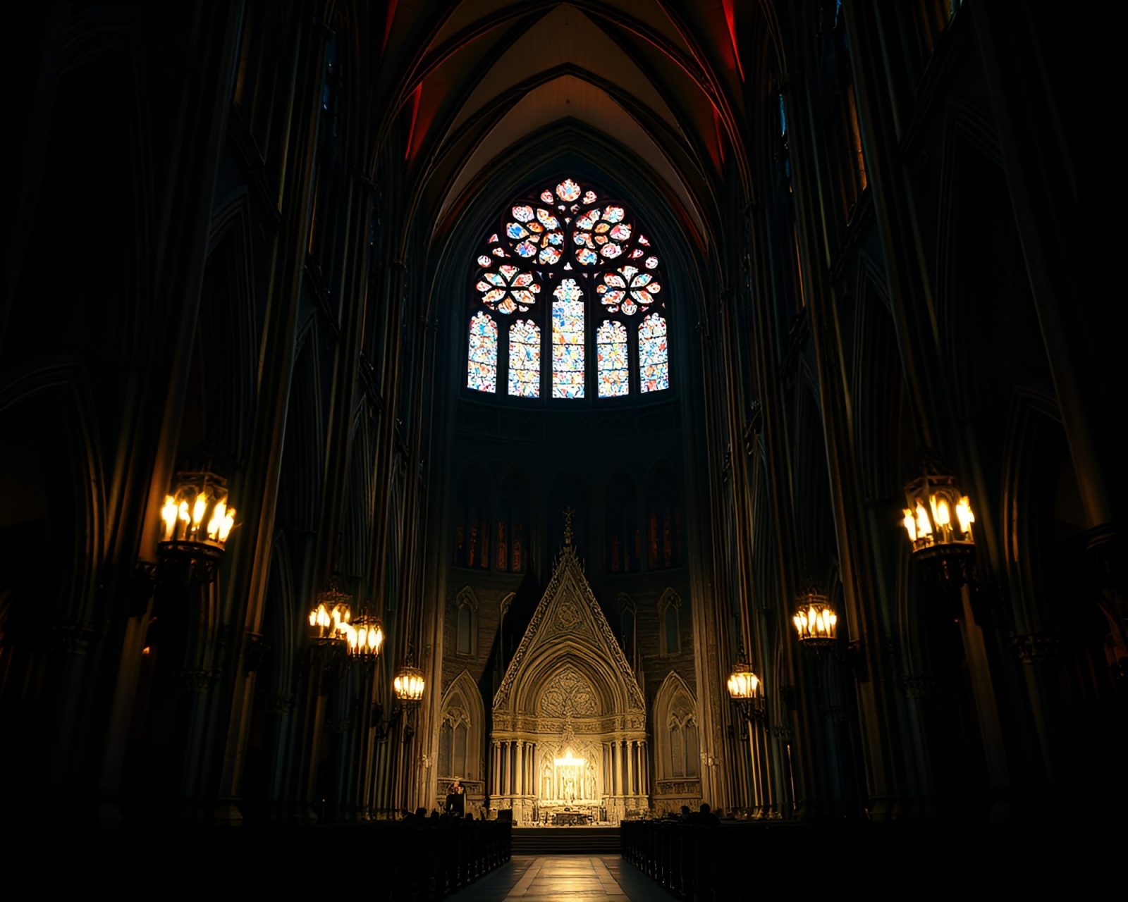 Dark Gothic cathedral with intricate tattoo flash art designs.