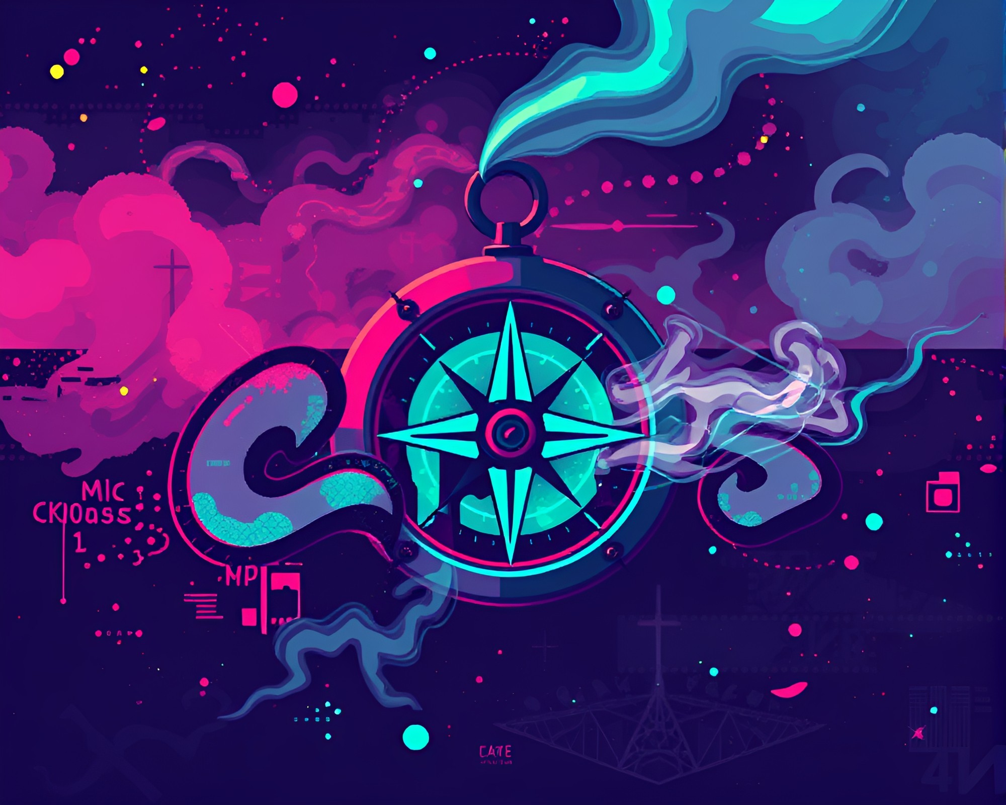 Graffiti Compass in Pixelated Steam Vapor World – free AI stock image
