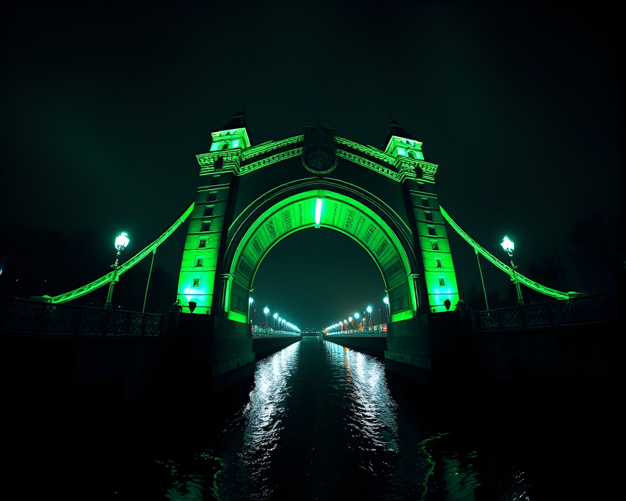 Surreal Fisheye Arch Bridge Reflecting Emerald Lights – free AI stock image