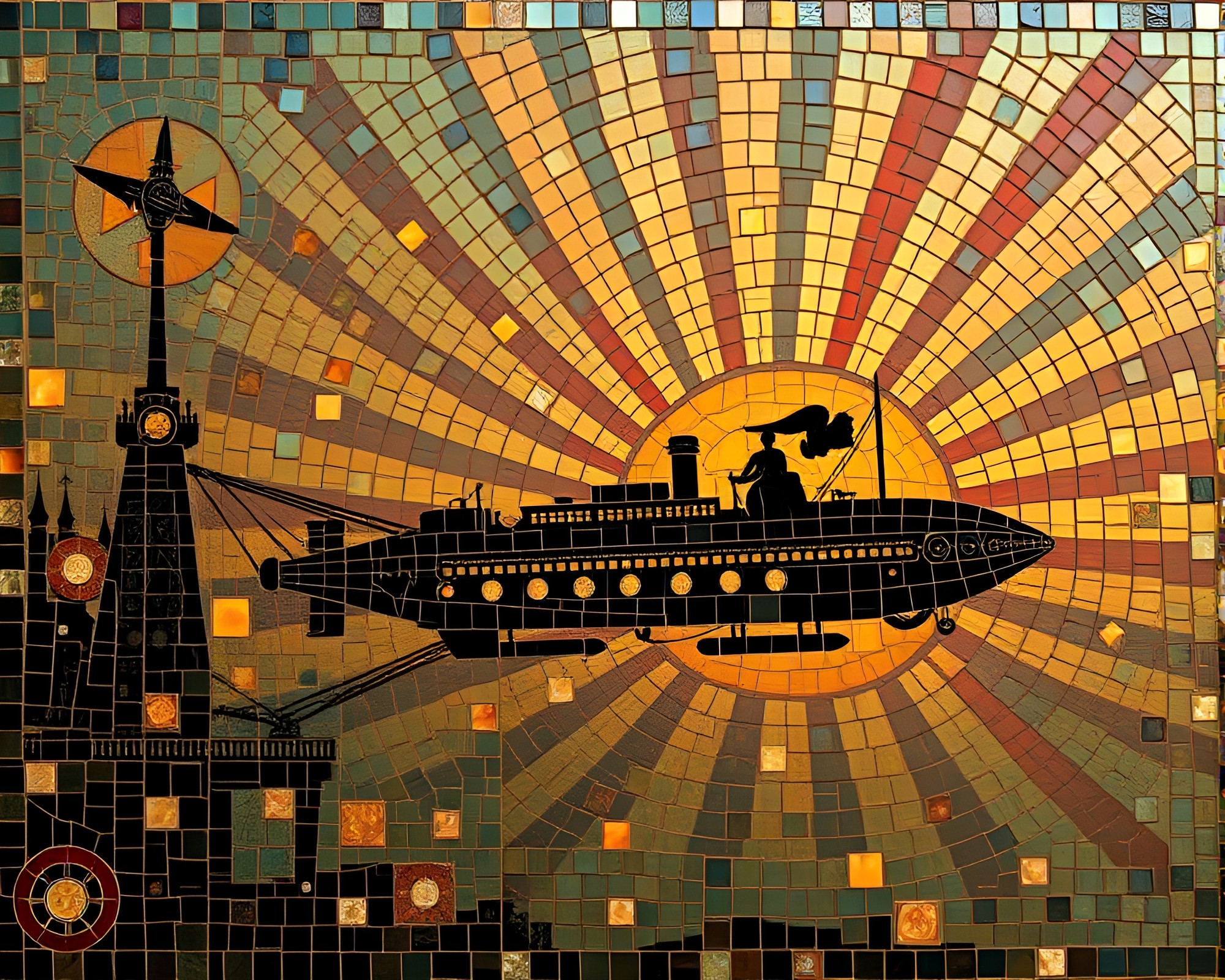 Steampunk Airship Mosaic Tiling Silhouette Illustration – free AI stock image