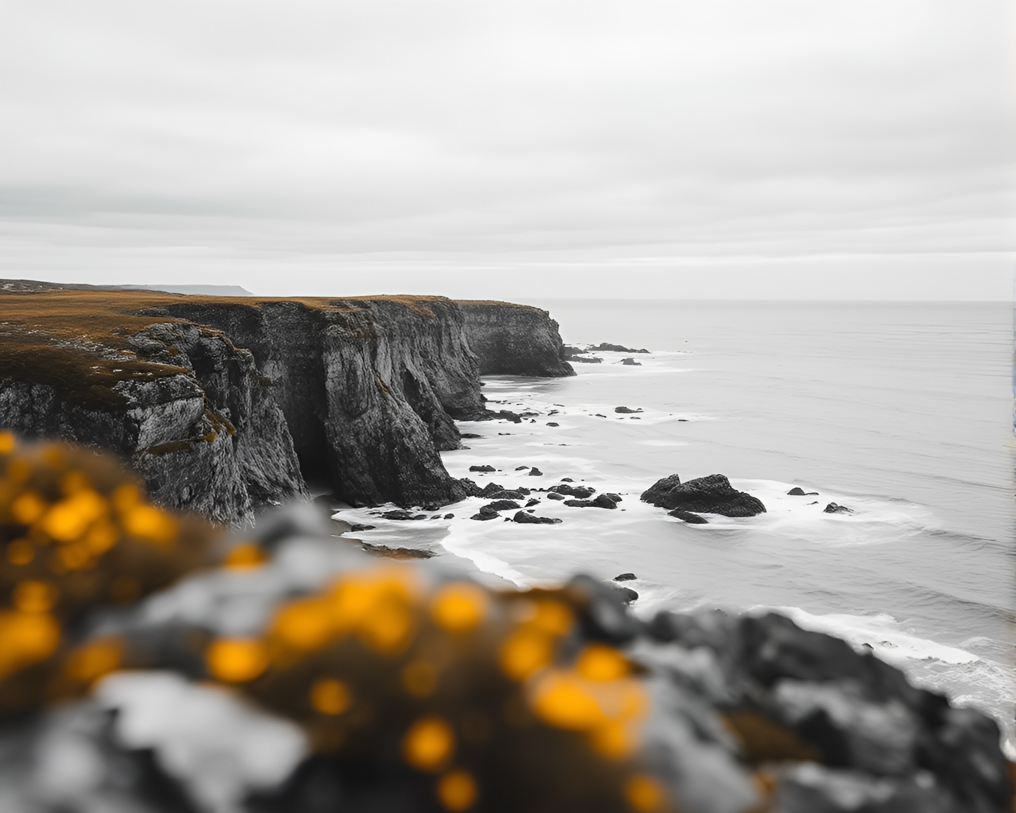 Majestic Yellow Monochrome Rocky Coastline Cinemagraph – free AI stock image