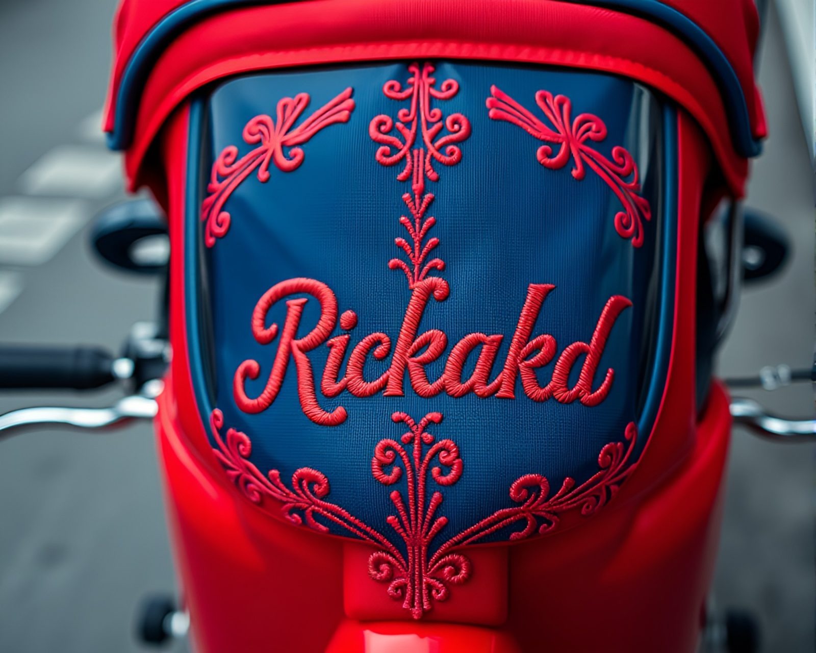 Serene scene of embroidered rickshaw in red-blue light