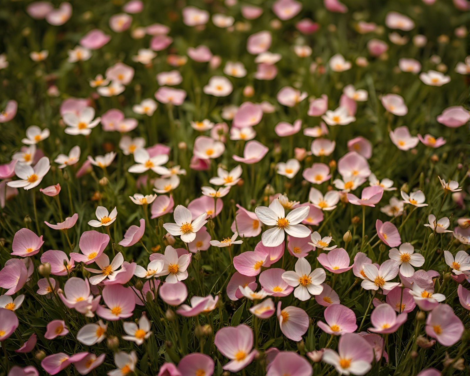 Serene meadow with olive tones and vibrant flower petals