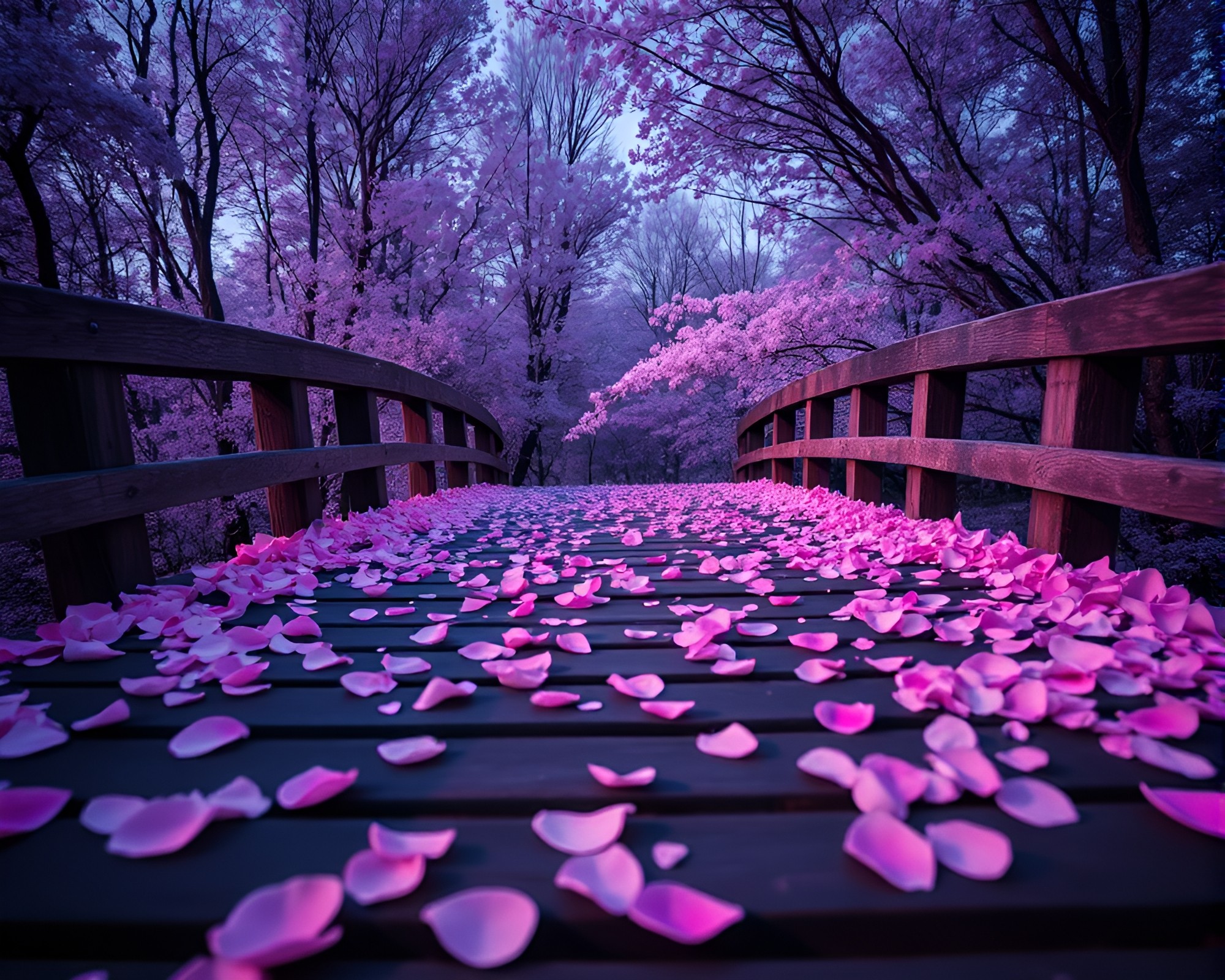 Ultraviolet Wooden Bridge Amid Flower Petals – free AI stock image