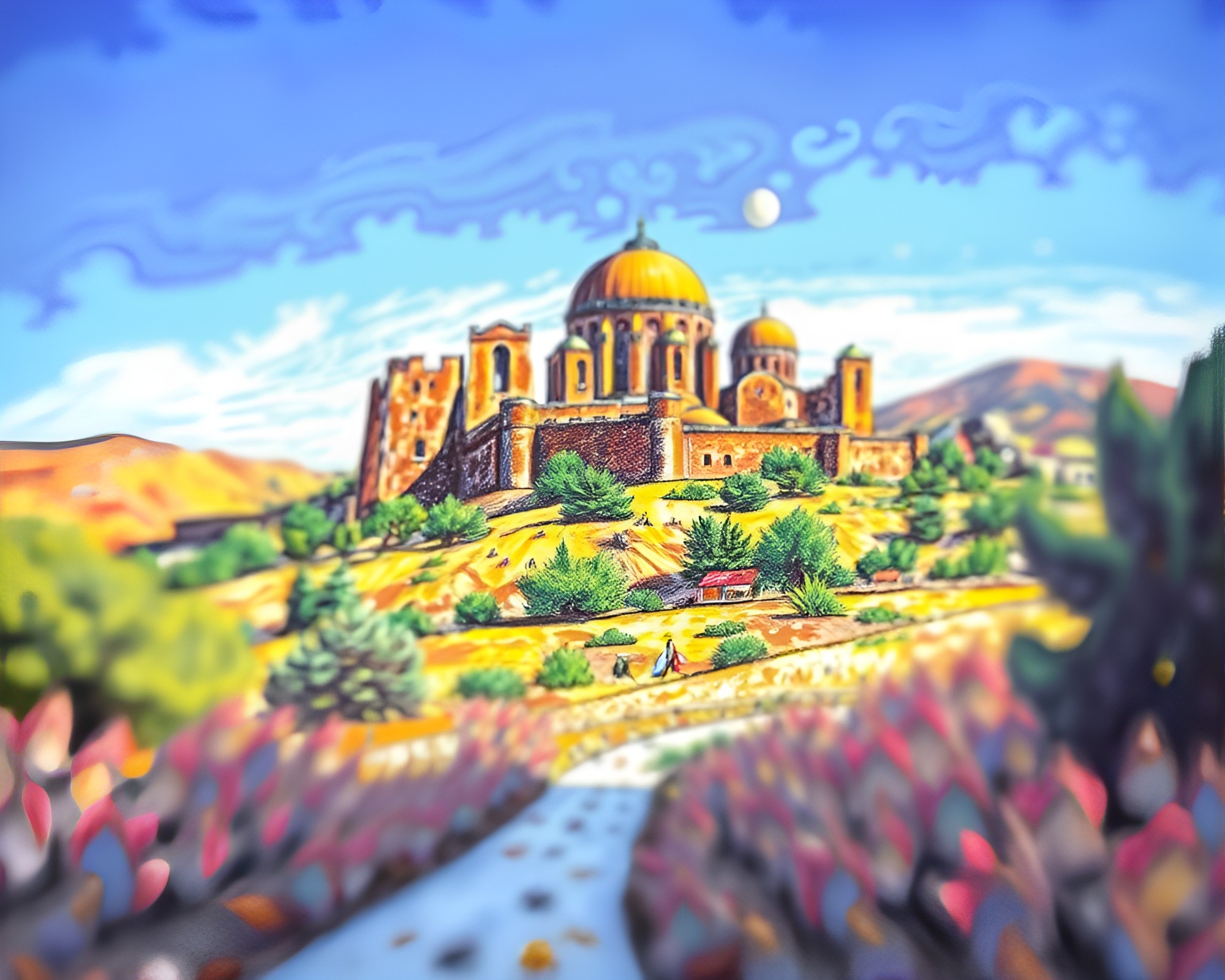 Serene Oasis in Vibrant Colors: A Conte Crayon Drawing – free AI stock image