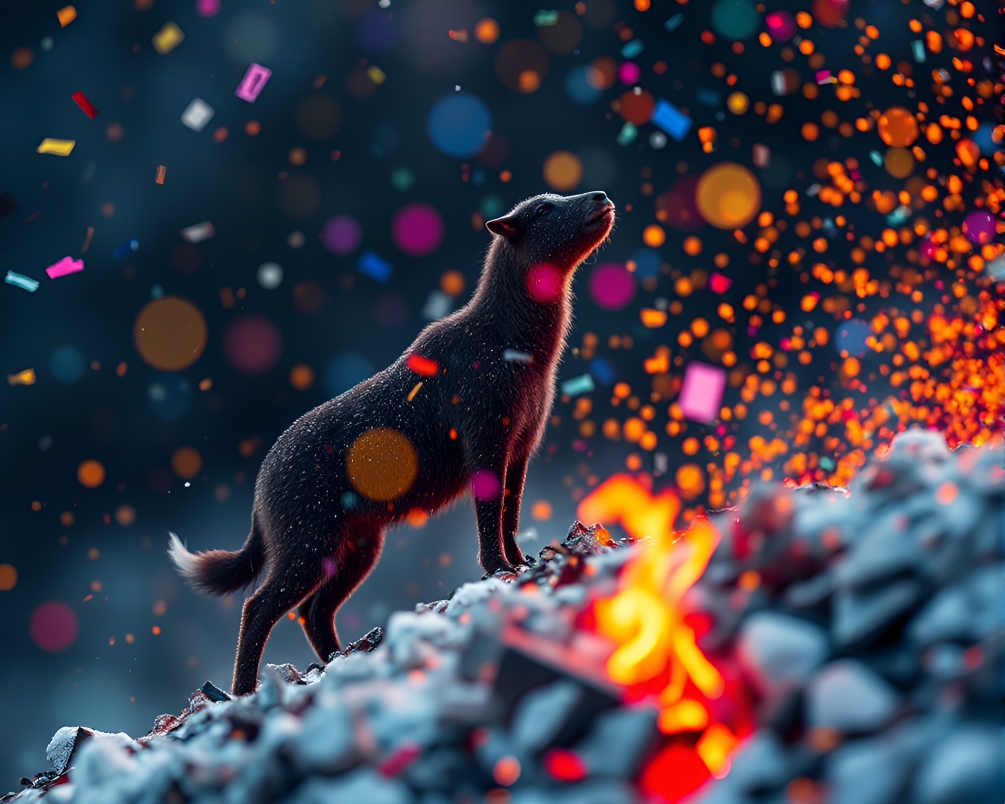 Mountain goat amidst floating confetti embers – free AI stock image