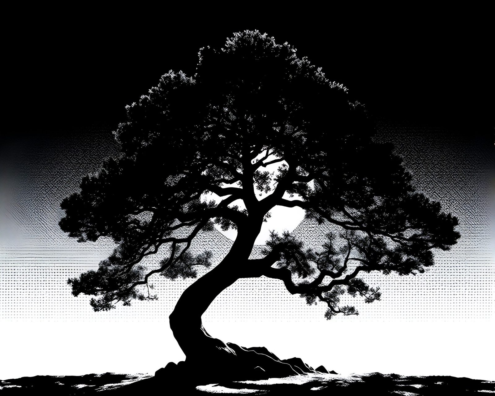 Bonsai tree casting dramatic shadow with scanlines and halftone
