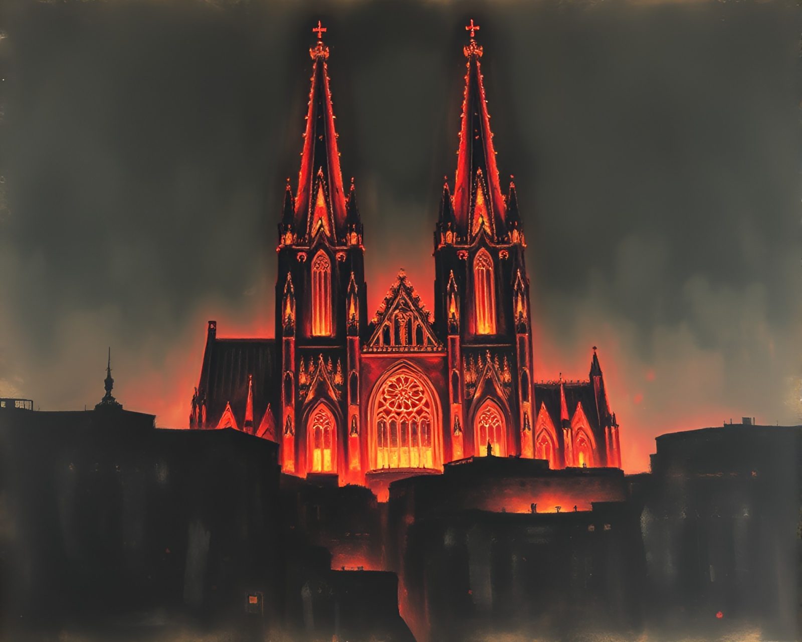 Gothic cathedral illuminted by neon lights in a cityscape