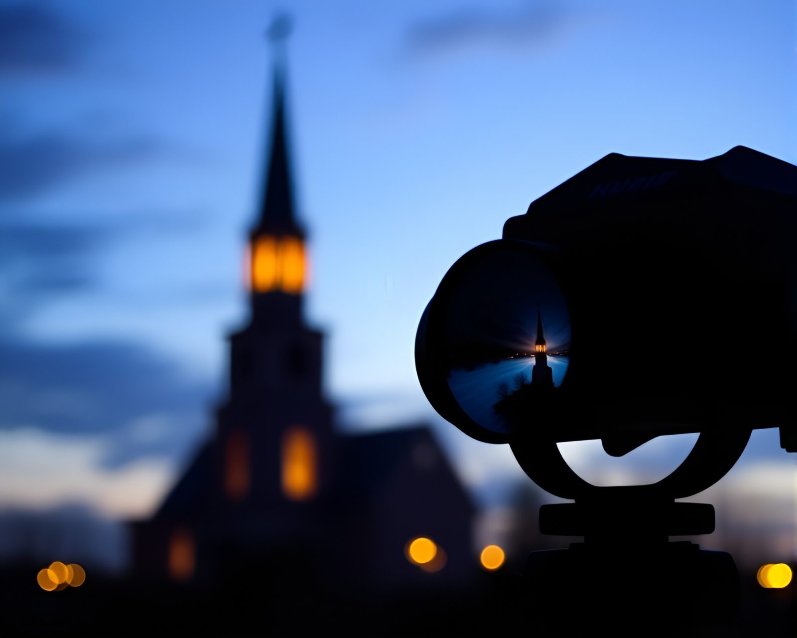 Mysterious figure looking through binoculars in dim church ambiance