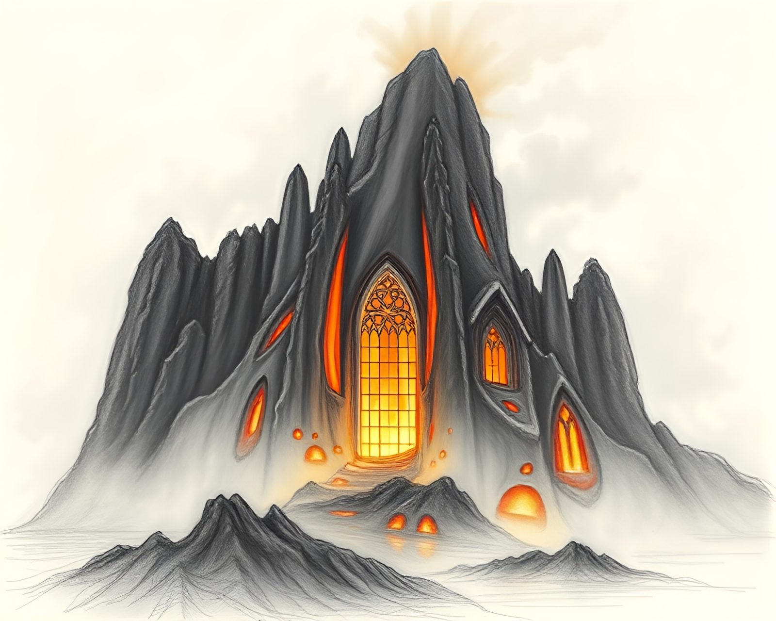 Pencil sketch of a volcanic island cathedral bathed in stained light with fractal overlay