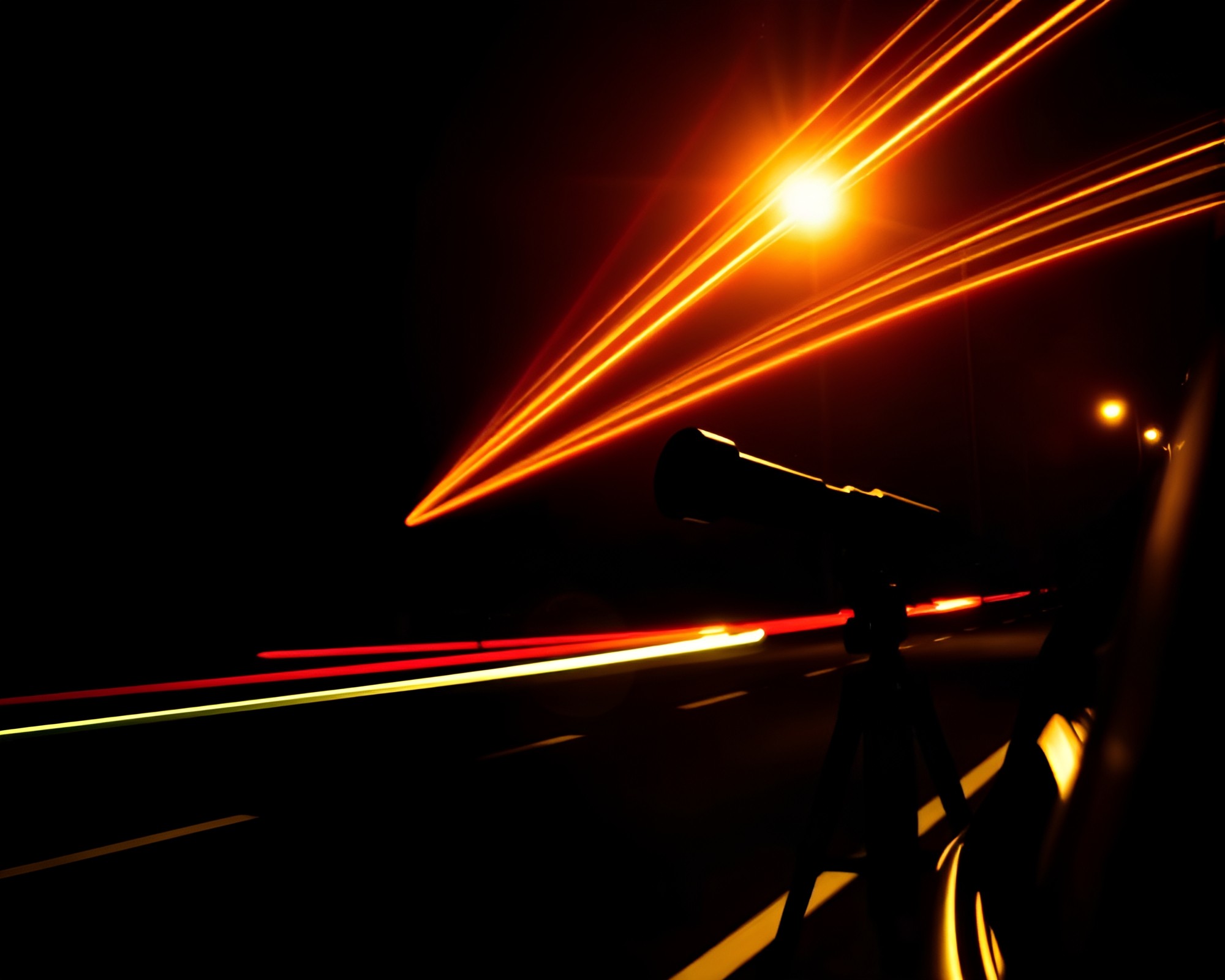 Vintage Telescope under Car Light Trails in Stencil Art – free AI stock image