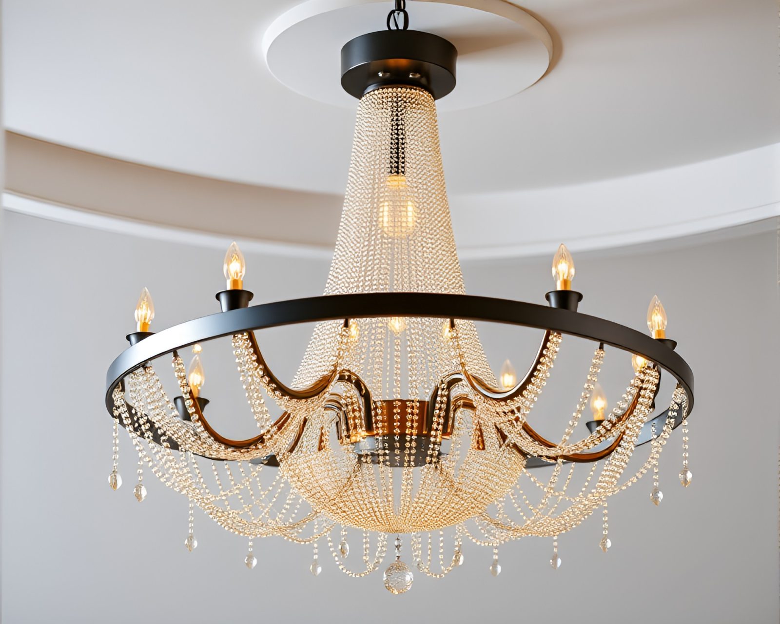 Retro futurism inspired chandelier adorned with intricate beadwork accents