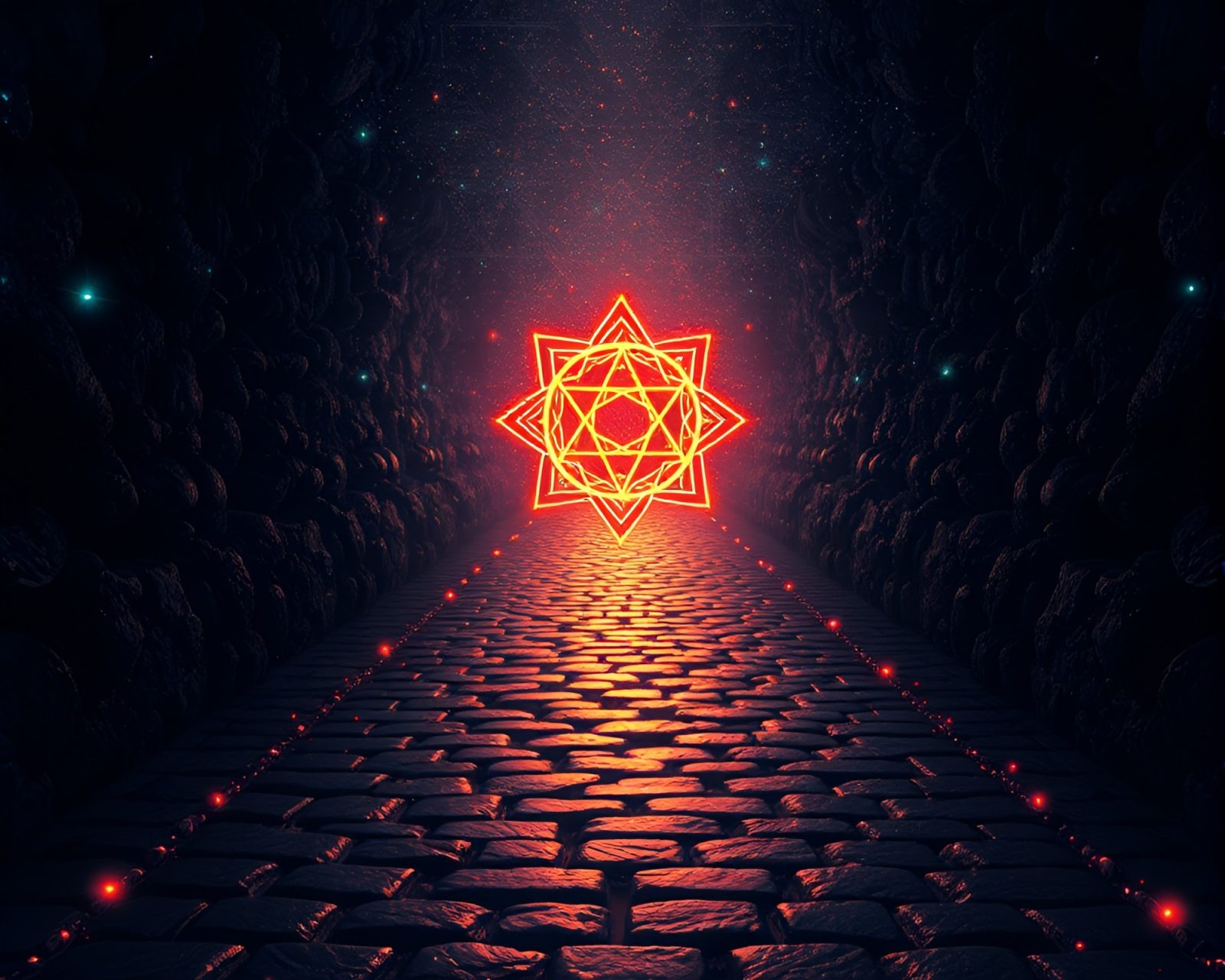 Fractal glow lighting an intricate sigil on ancient stones