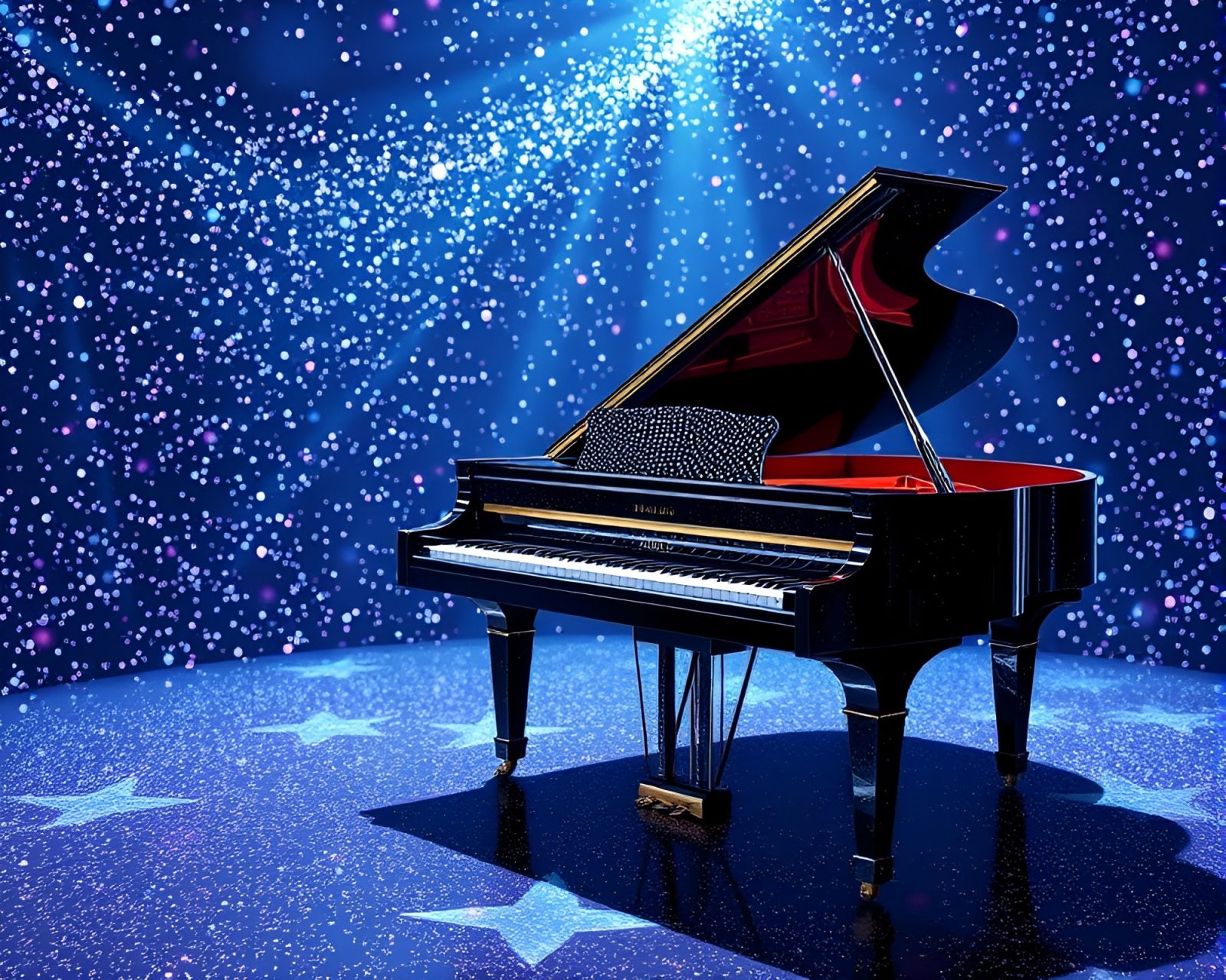 Glowing piano keys against swirling galaxy backdrop with holographic specks