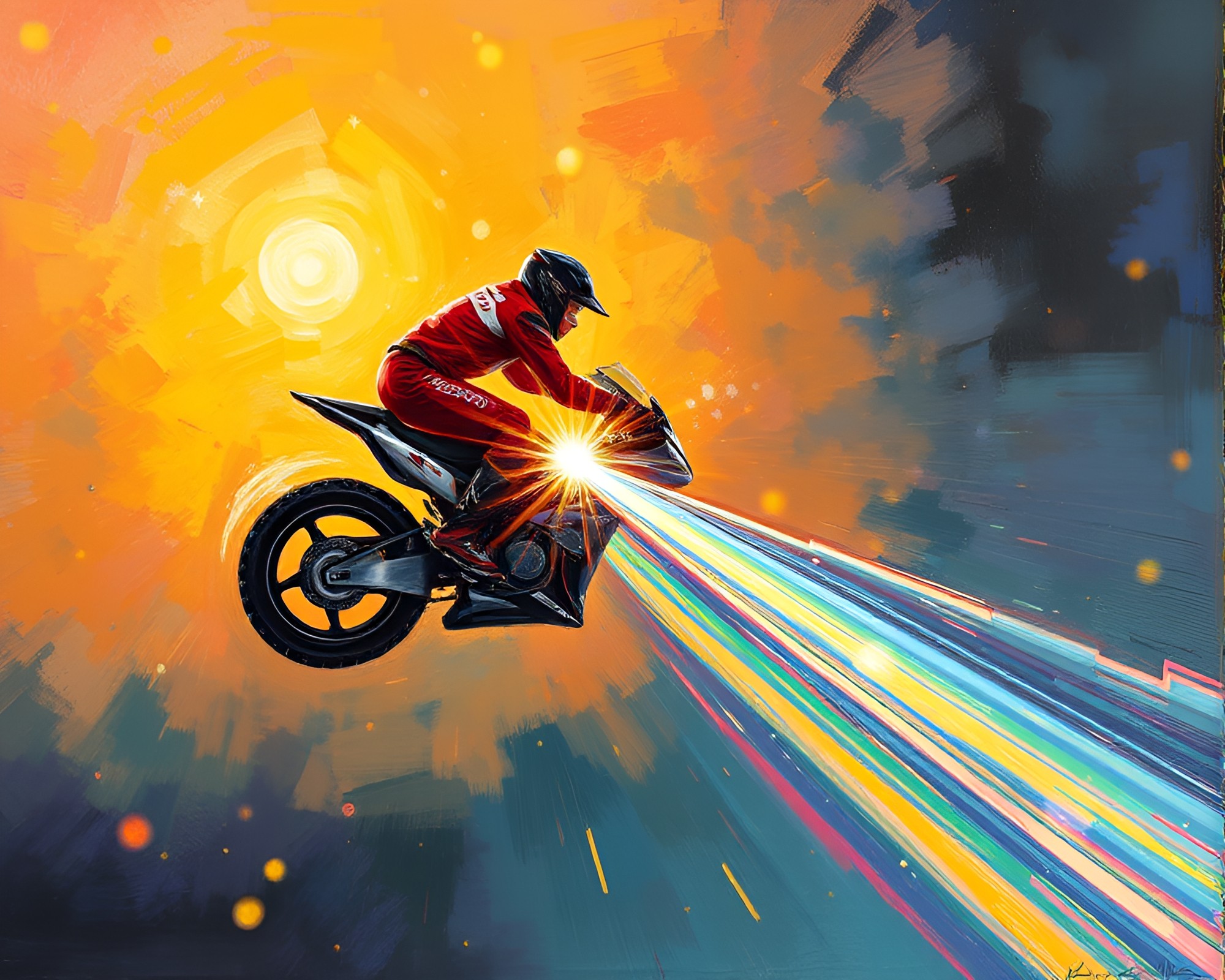 Vibrant Hoverbike Racing through Prism Lens Flare – free AI stock image