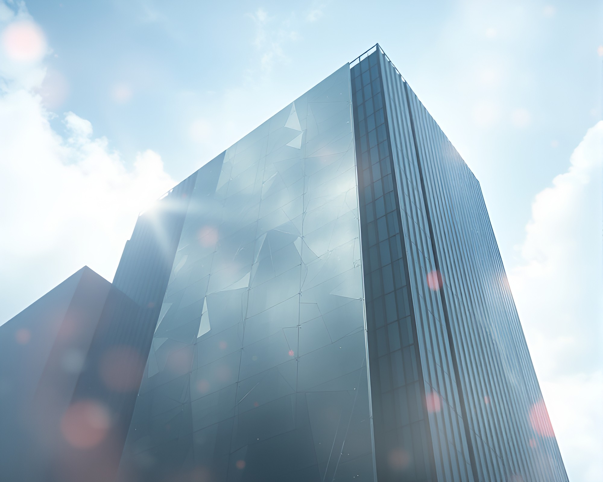 Brutalist architecture with dreamy glass shard reflections – free AI stock image