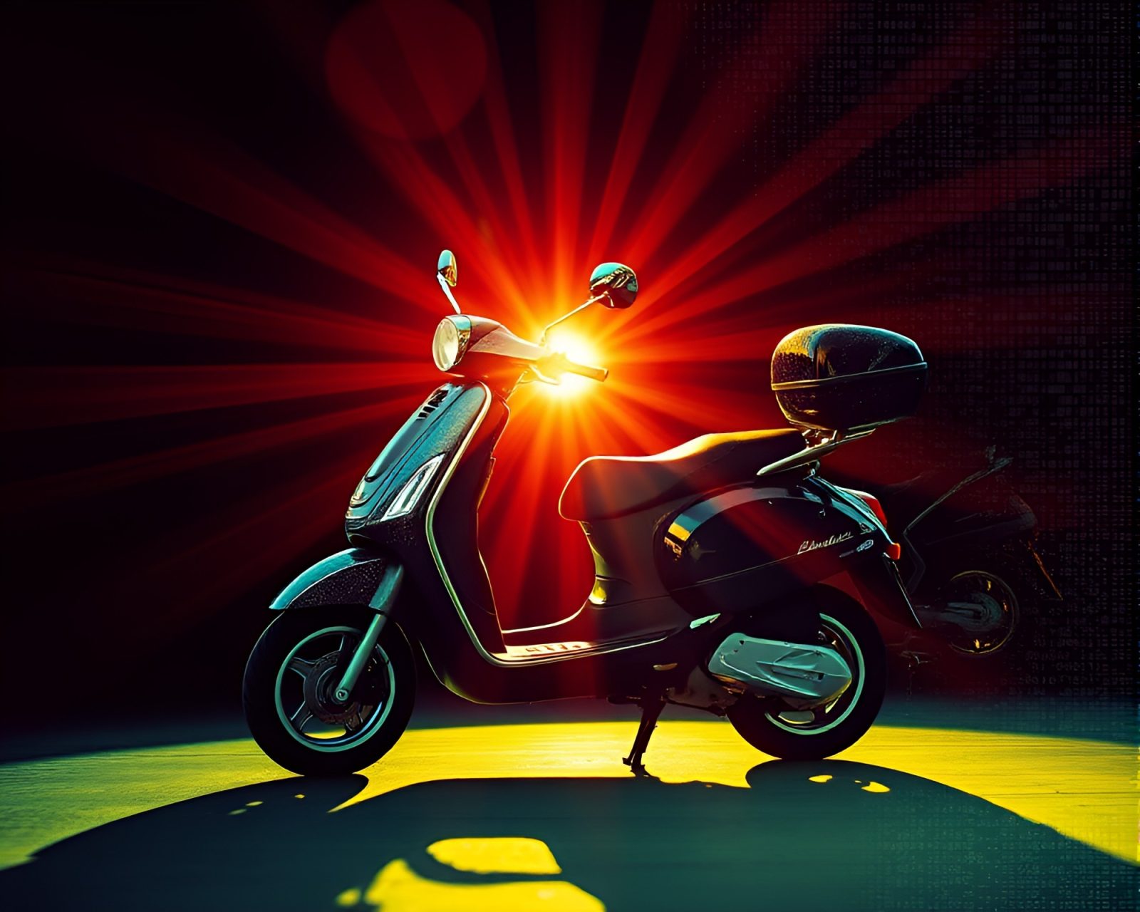 Colorful electric scooter in ASCII art with sunbeam rays