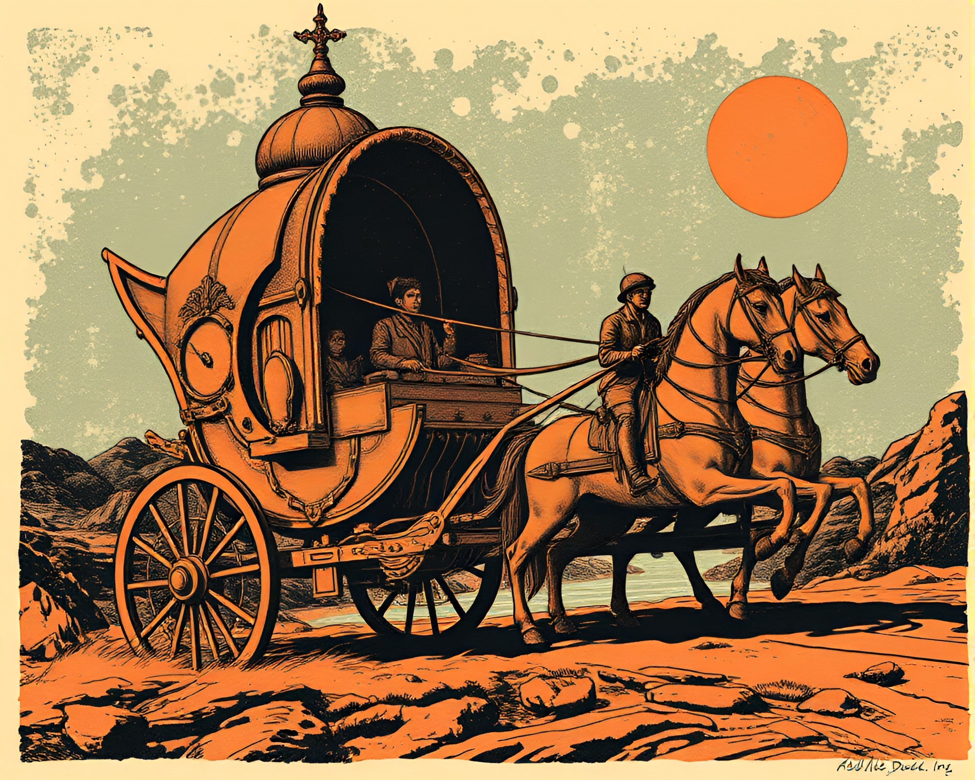 Retro-futuristic Chariot Race Linocut Texture Art – free AI stock image