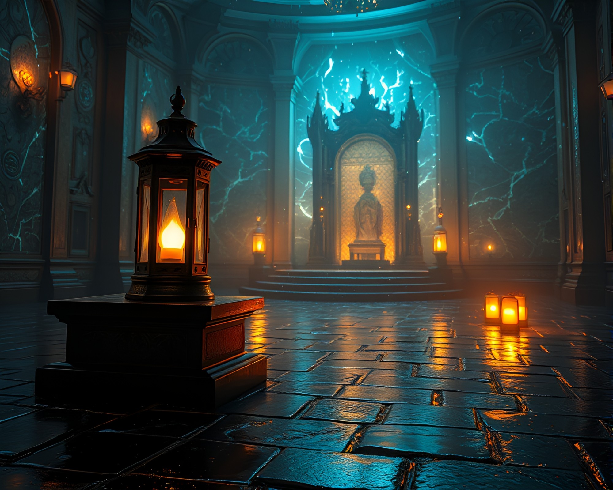Holographic Oil Lantern Glow in Throne Room – free AI stock image